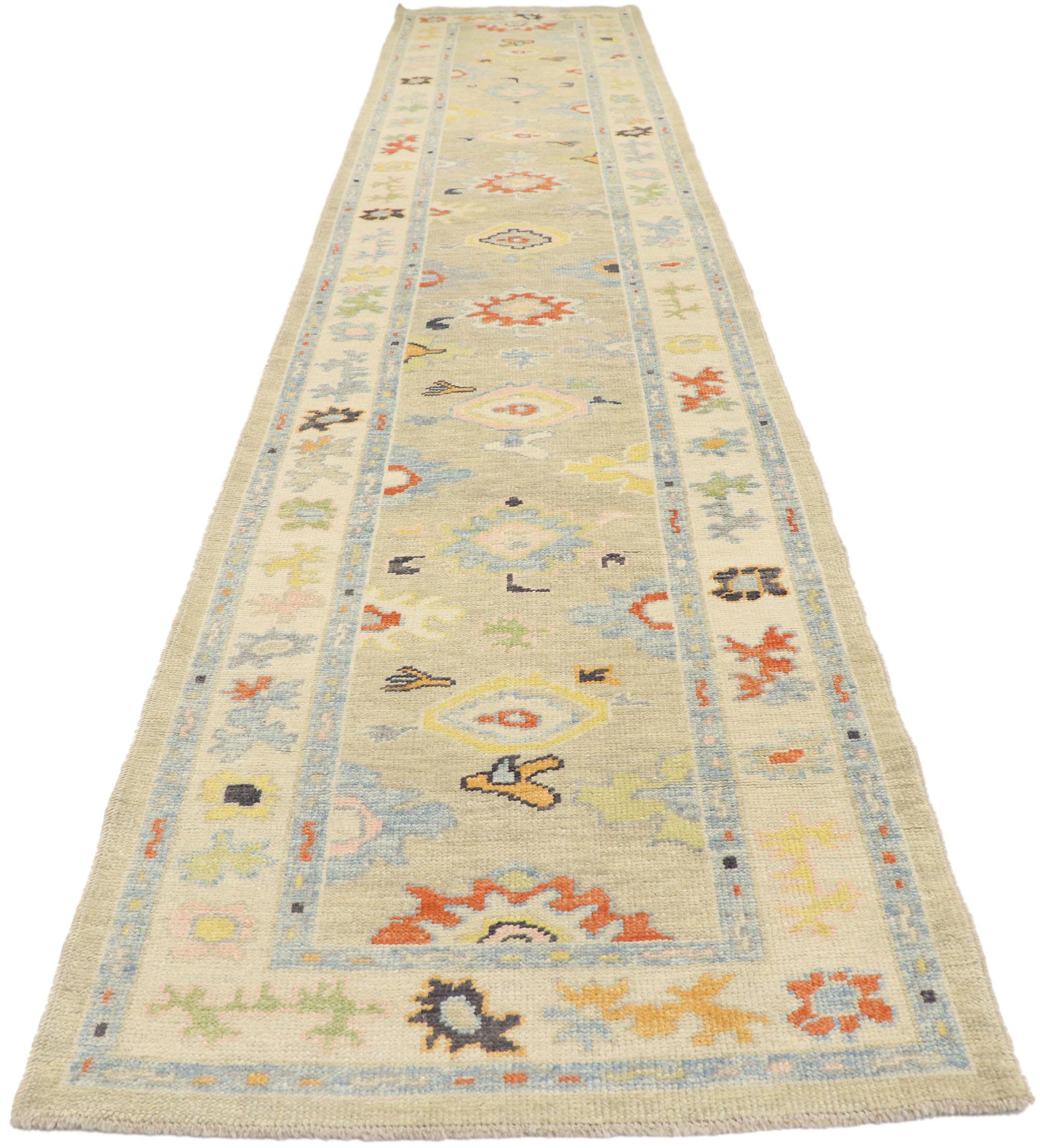 Hand-Knotted New Contemporary Turkish Oushak Runner with Transitional Modern Style For Sale