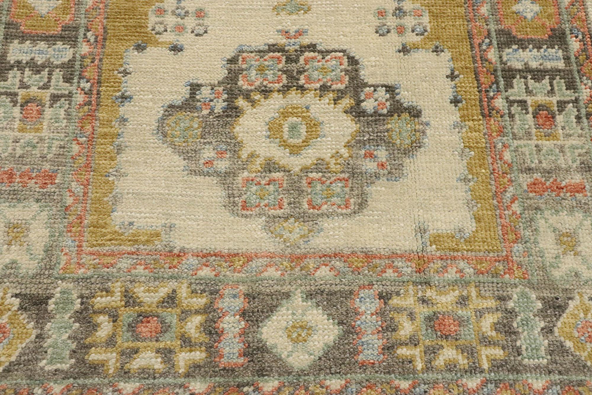 Wool New Contemporary Turkish Oushak Runner with Transitional Modern Style For Sale