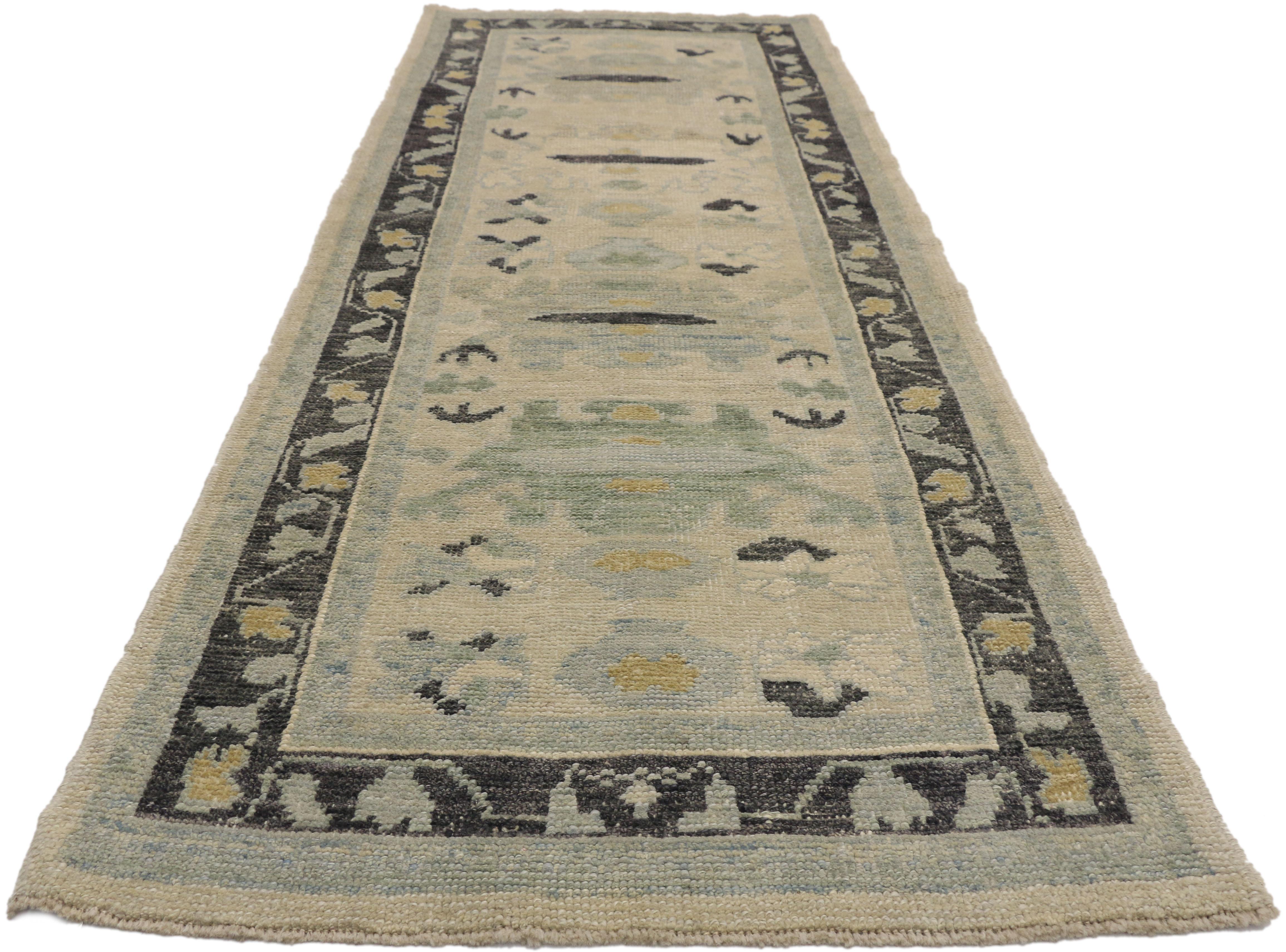 Wool New Contemporary Turkish Oushak Runner with Transitional Style
