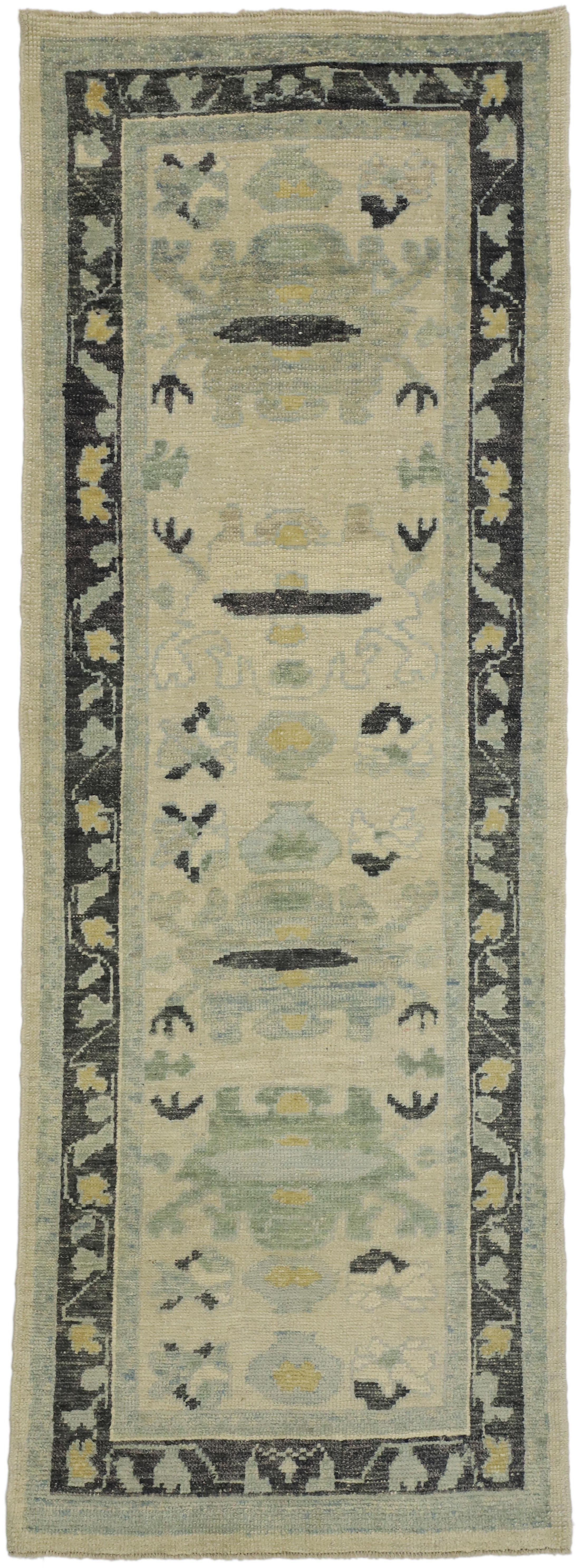 52519 New Contemporary Turkish Oushak Runner with Transitional Style. This hand knotted wool contemporary Turkish Oushak runner features a geometric pattern composed of large scale organic shapes, stylized flowers, and leafy tendrils beautifully