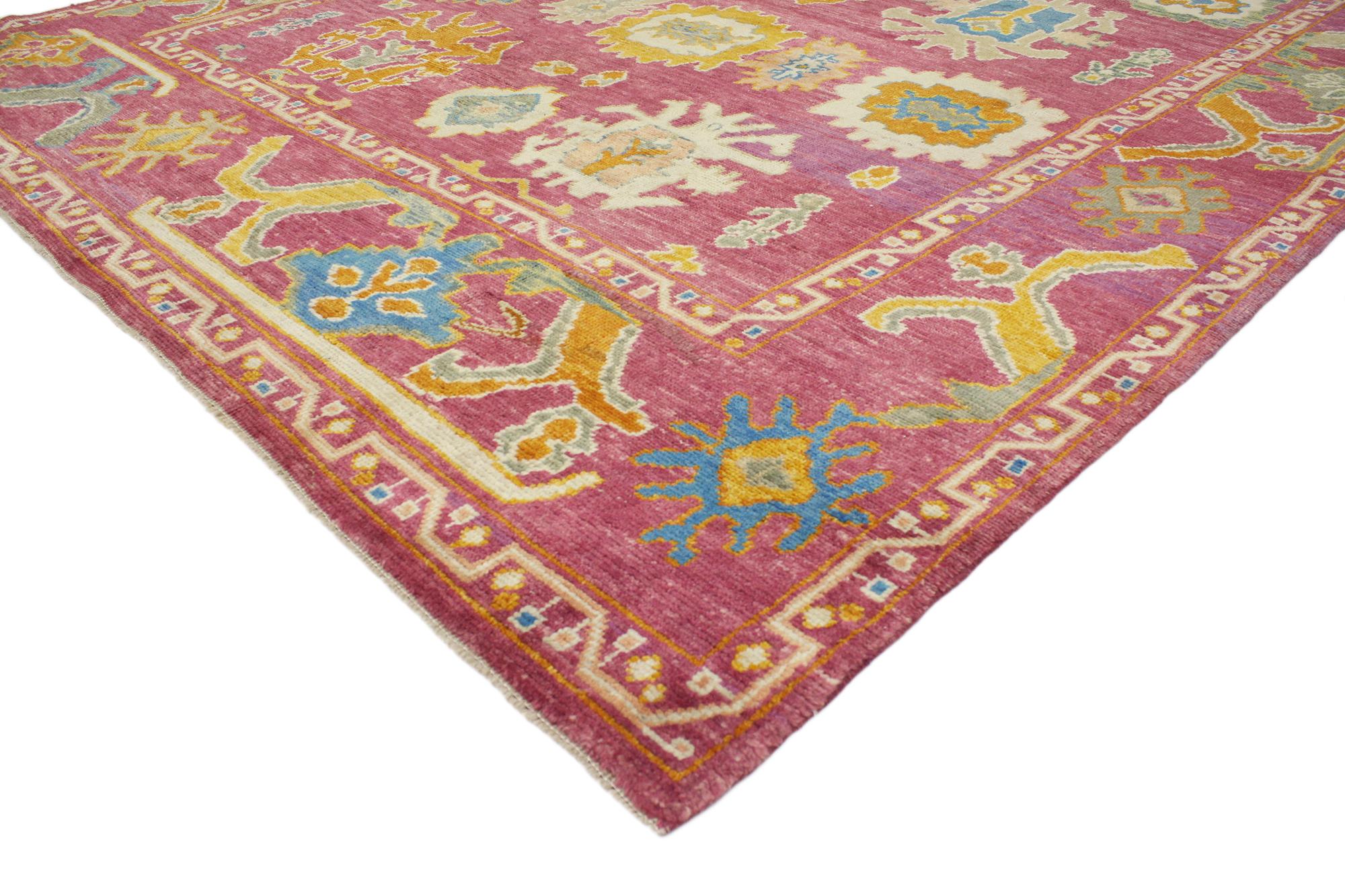 51891 New Contemporary Turkish Oushak with Large-Scale Geometric Print and Modern Style. This hand-knotted wool new contemporary Turkish Oushak rug bears a remarkable air of chic sophistication with its modern style and raspberry field. A beautiful