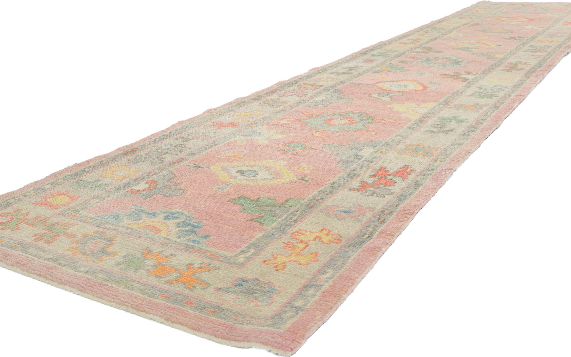 53825 New Contemporary Turkish pink oushak runner with modern style 02'10 x 14'01. This hand-knotted wool contemporary Turkish Oushak runner features an all-over botanical pattern composed of amorphous organic motifs spread across an abrashed pink