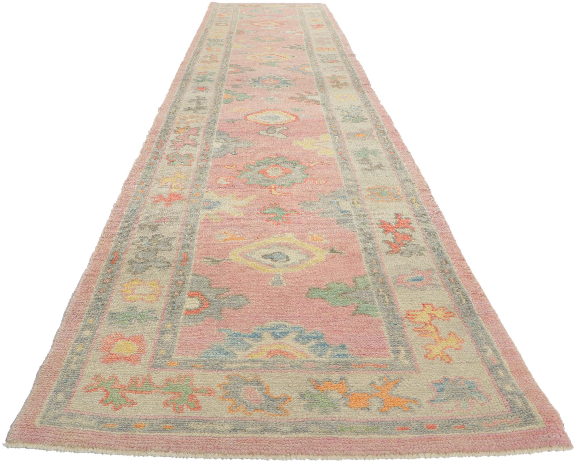 Hand-Knotted New Contemporary Turkish Pink Oushak Runner with Modern Style