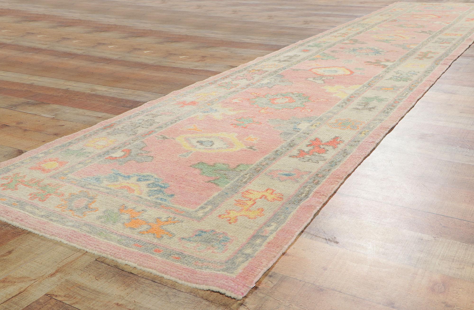 New Contemporary Turkish Pink Oushak Runner with Modern Style 1