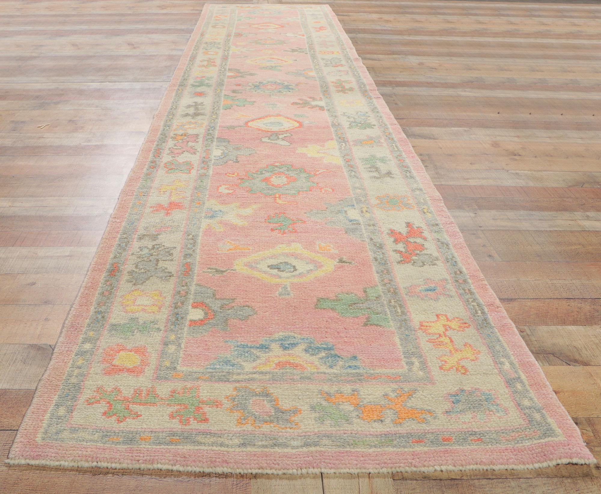 New Contemporary Turkish Pink Oushak Runner with Modern Style 2