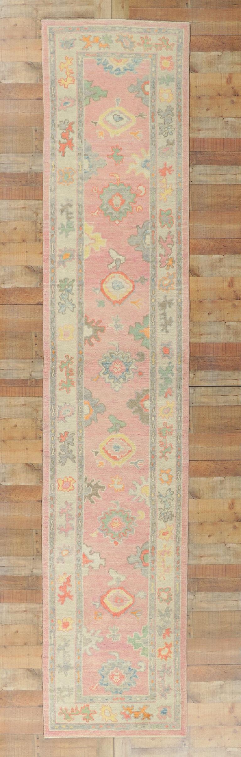 New Contemporary Turkish Pink Oushak Runner with Modern Style 3