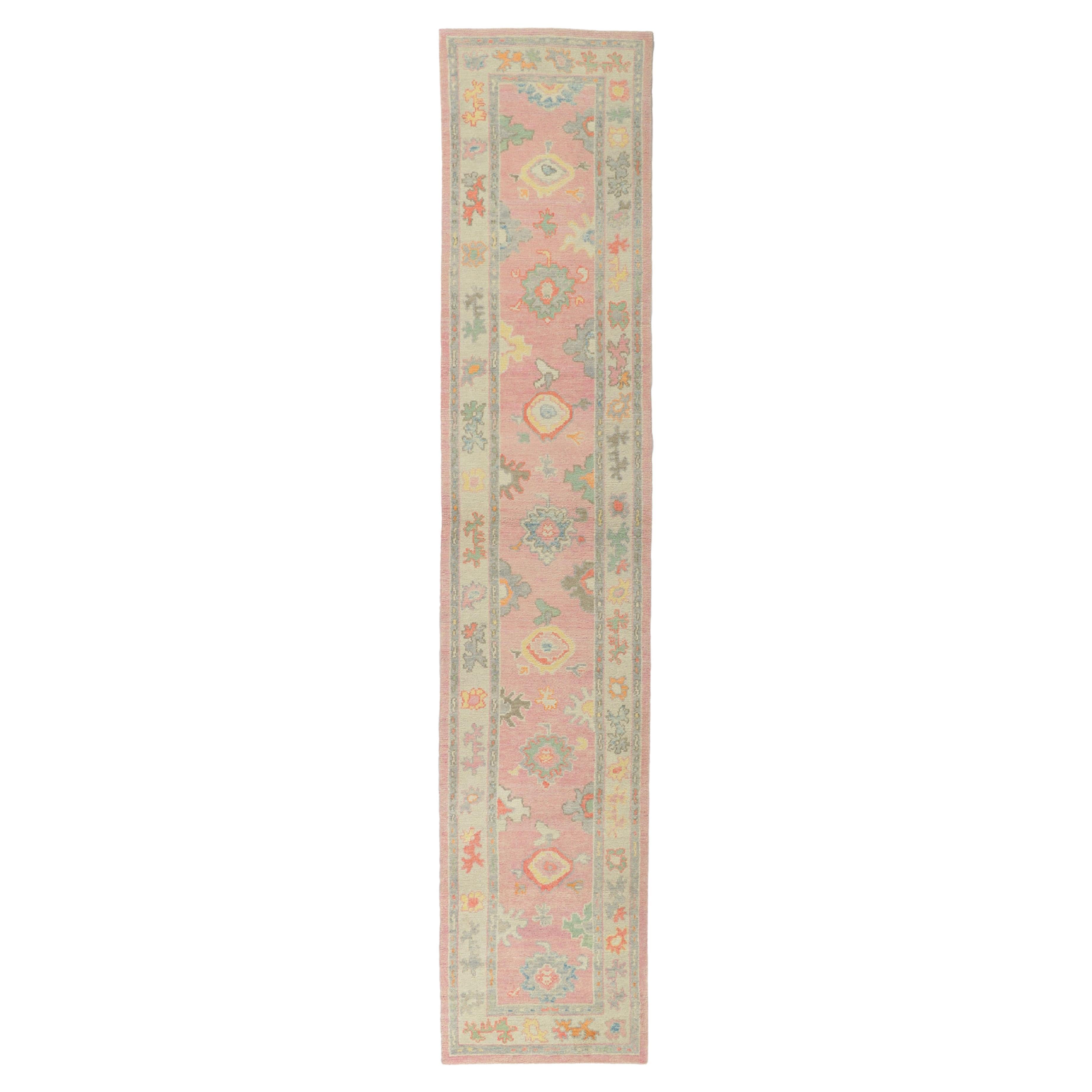 New Contemporary Turkish Pink Oushak Runner with Modern Style