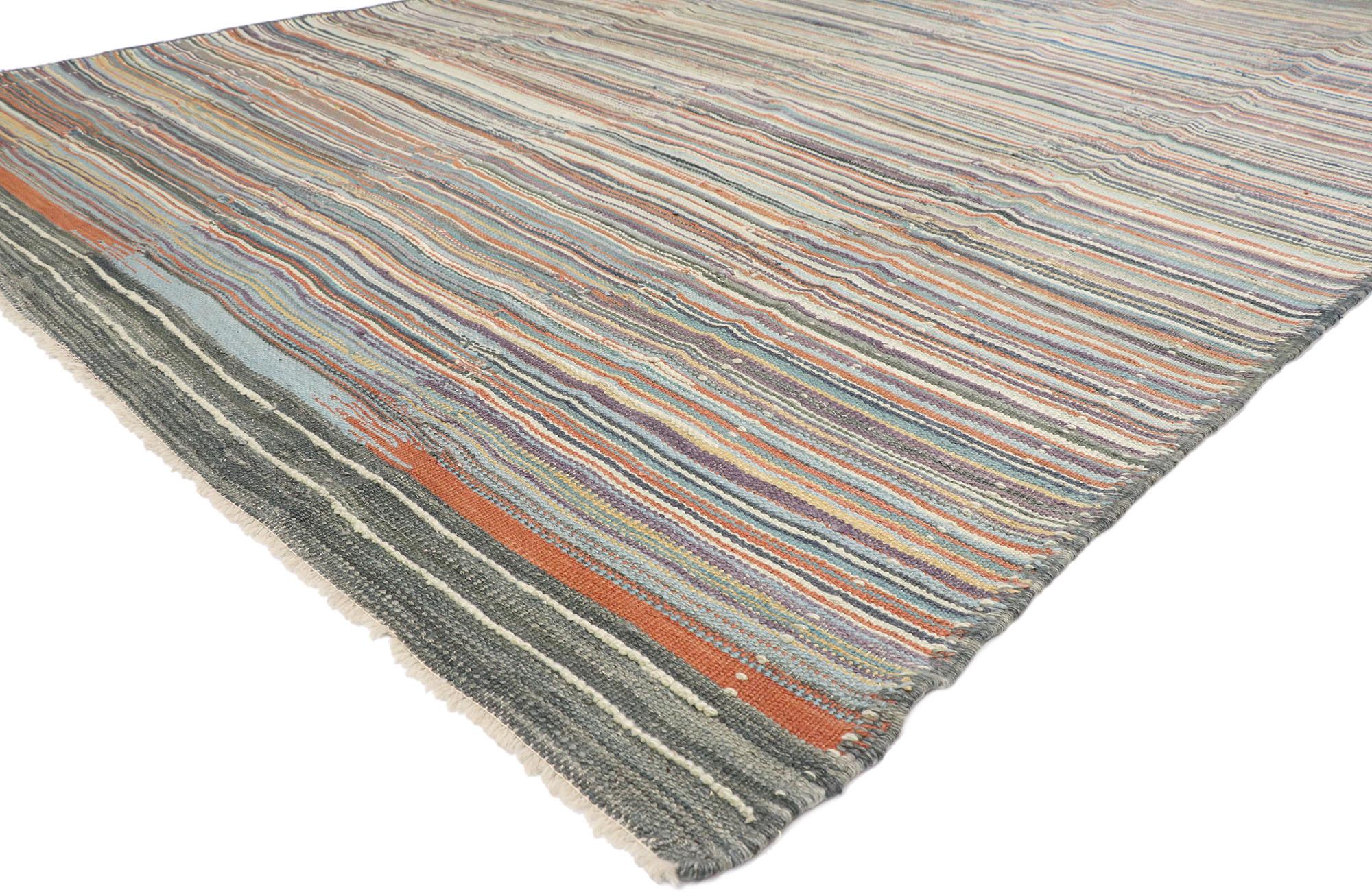 52216 Modern Turkish Striped Kilim Rug. 08'00 x 12'03. 

Immerse yourself in the nomadic charm of our handwoven wool Turkish Kilim rug, a vibrant testament to classic style and intricate artistry. This captivating piece seamlessly weaves together a