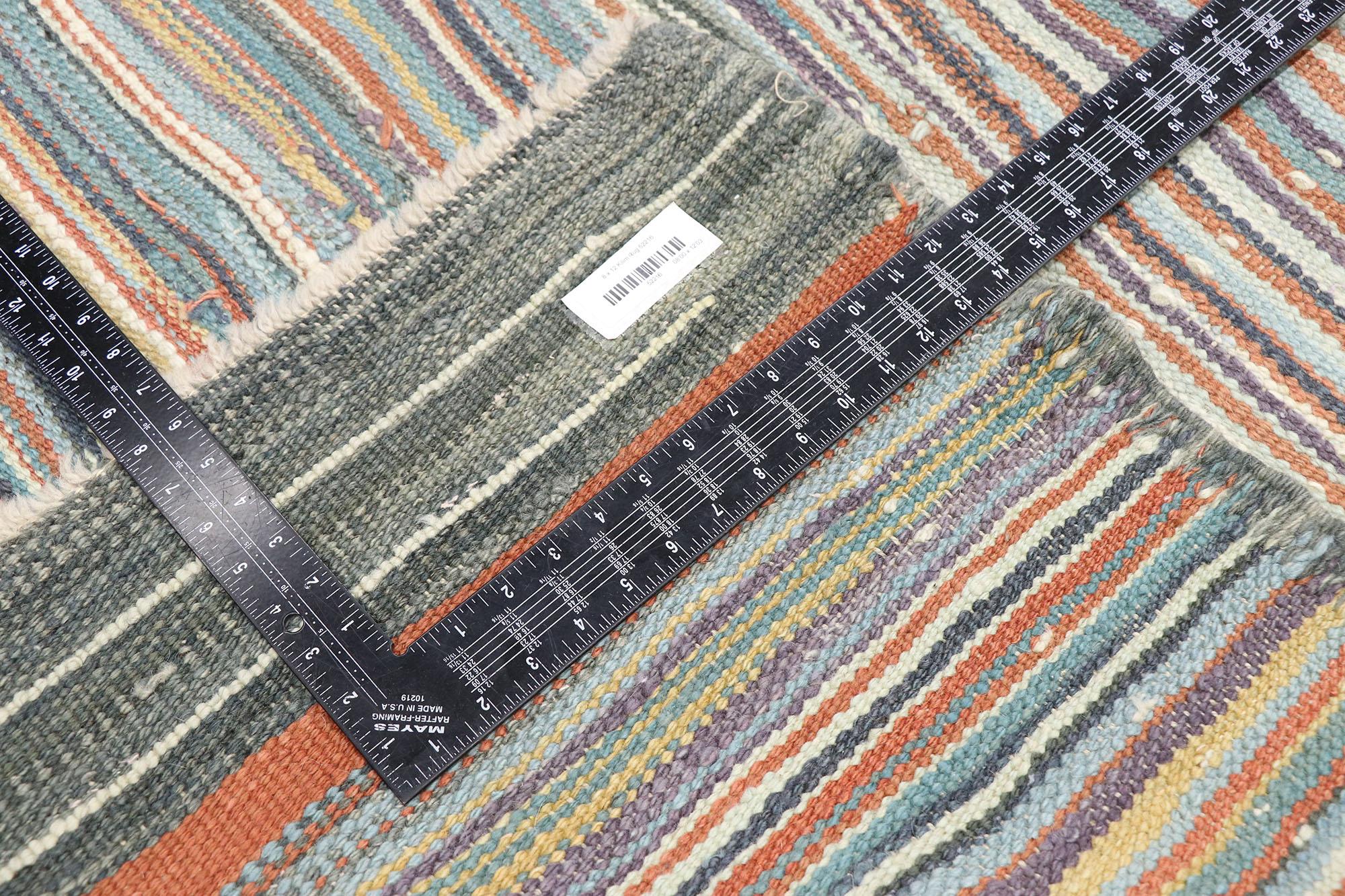 Contemporary Modern Turkish Striped Kilim Area Rug, Wabi-Sabi Meets Nomadic Charm For Sale