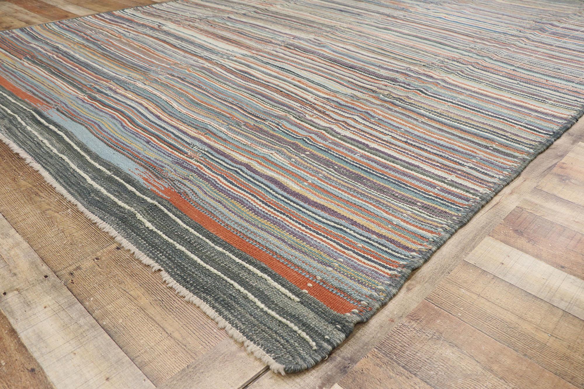 Wool Modern Turkish Striped Kilim Area Rug, Wabi-Sabi Meets Nomadic Charm For Sale