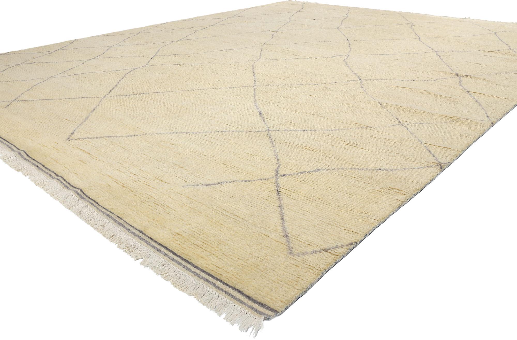31302 Alfombra marroquí tribal moderna orgánica, 11'11 x 14'10. Las alfombras indias marroquíes combinan a la perfección patrones intrincados, formas geométricas y diseños cautivadores que personifican el arte de las alfombras marroquíes. Hechas a