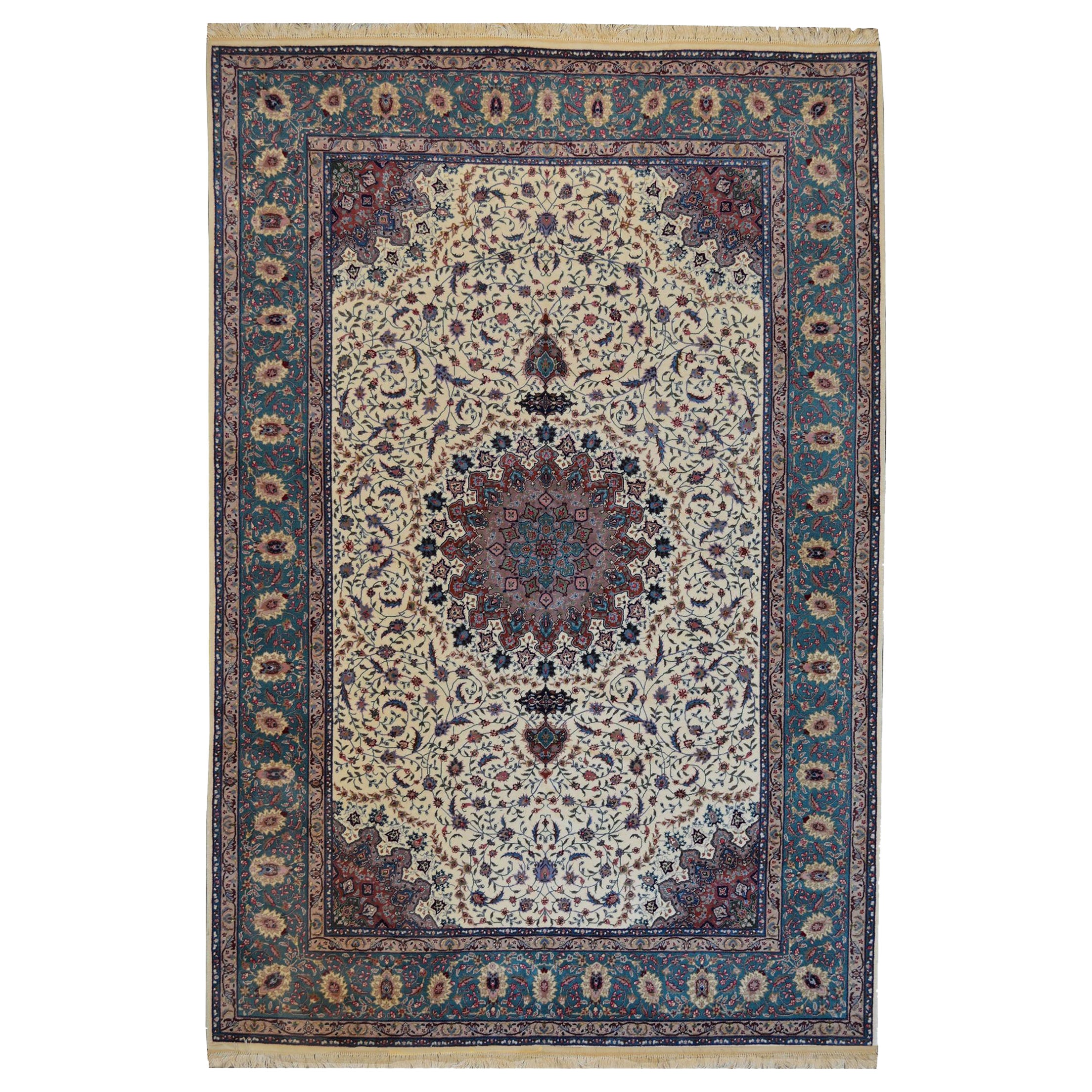 Handgewebter elfenbeinfarbener und blaugrüner Teppich aus Contemporary Wool mit Tabriz-Inspiration im Angebot