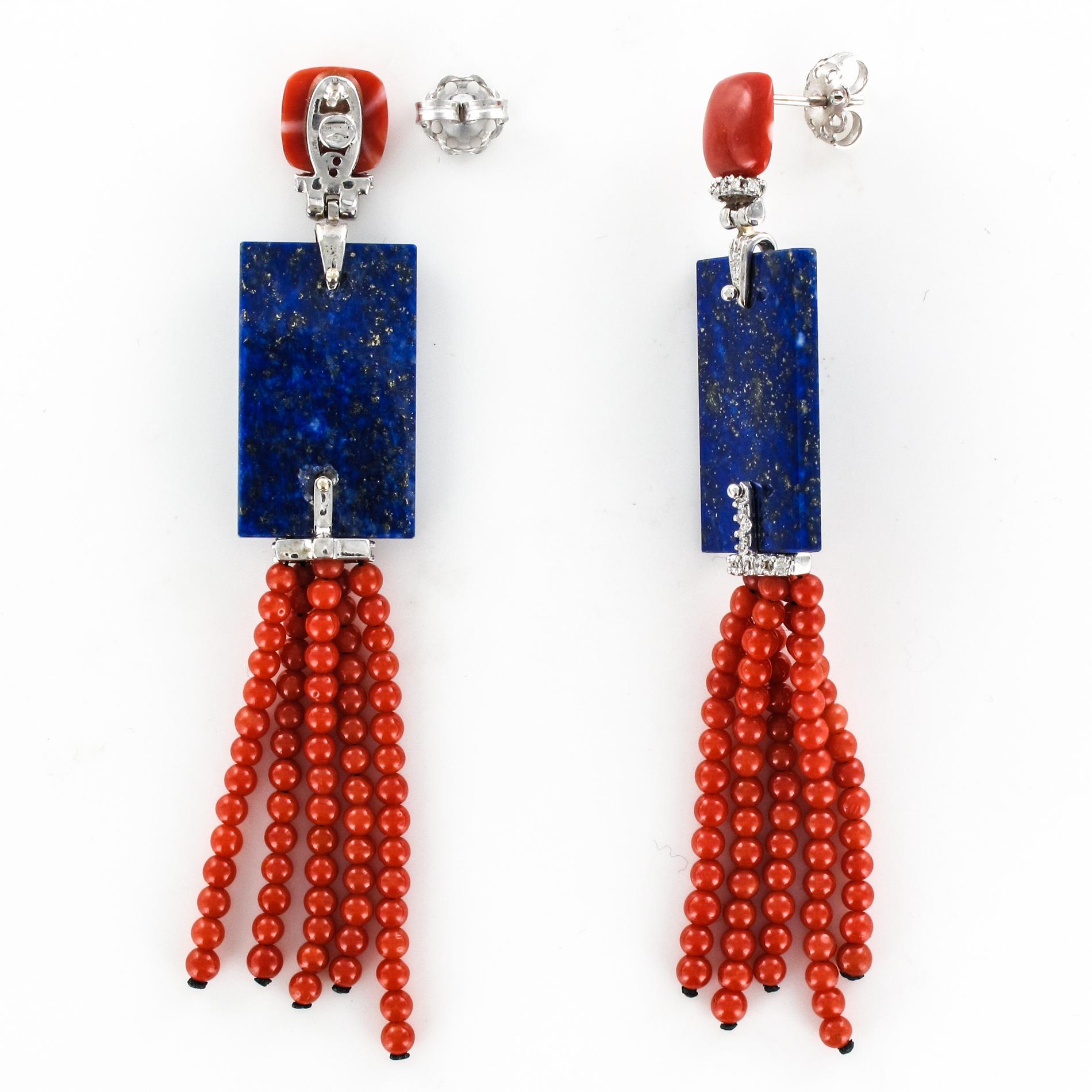 Coral Lapis Lazuli Diamonds White Gold Art Deco Style Dangling Earrings 5