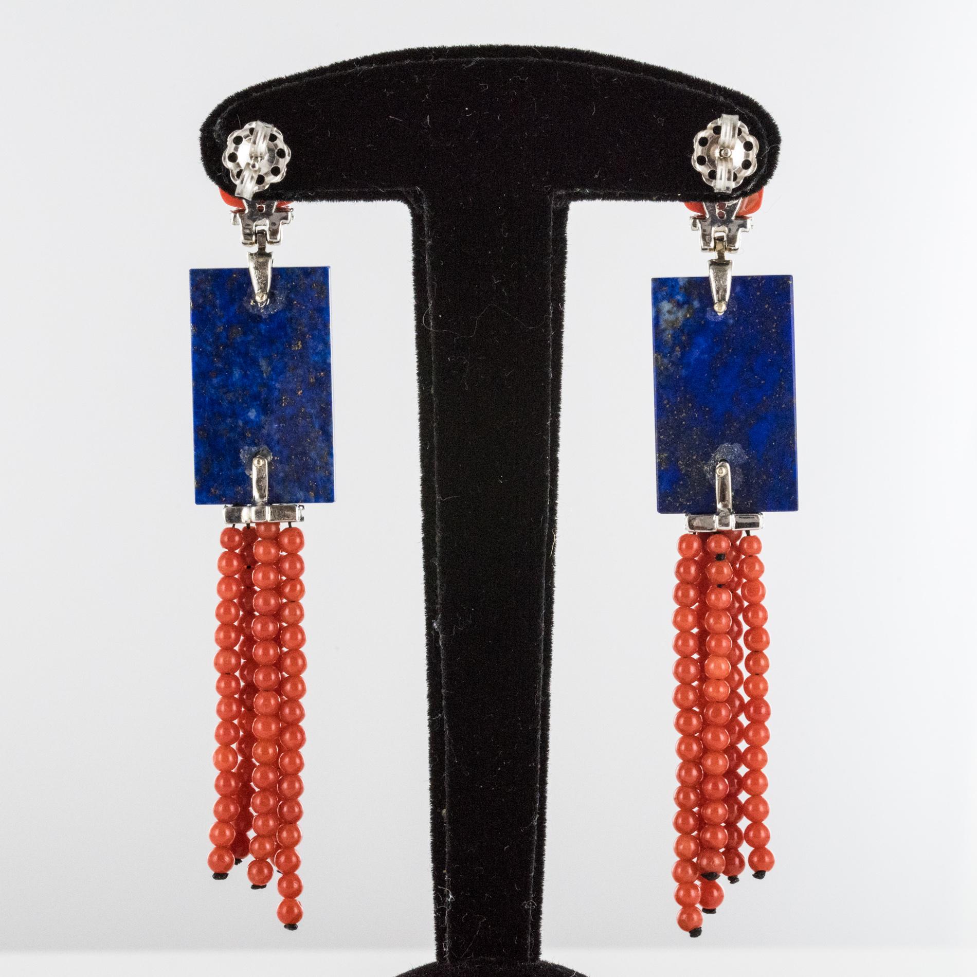 Coral Lapis Lazuli Diamonds White Gold Art Deco Style Dangling Earrings 3