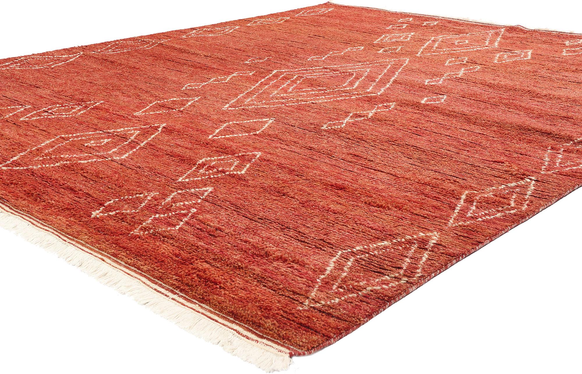 31215 New Crimson Desert Oasis Modern Red Moroccan Rug, 08'03 x 09'09. This hand knotted wool Crimson Desert Oasis Modern Red Moroccan Rug is a stunning embodiment of vibrant color and intricate tribal design, offering a bold yet serene addition to