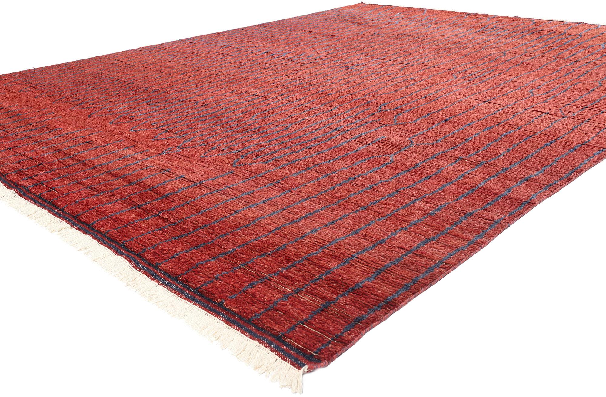 31295 Crimson Enchantment Abstract Moroccan Rug, 09'05 x 11'11. Abstract Expressionist style meets nomadic charm in this hand-knotted wool Moroccan rug, where artistry and tradition converge in a mesmerizing dance. The rich, vibrant red field