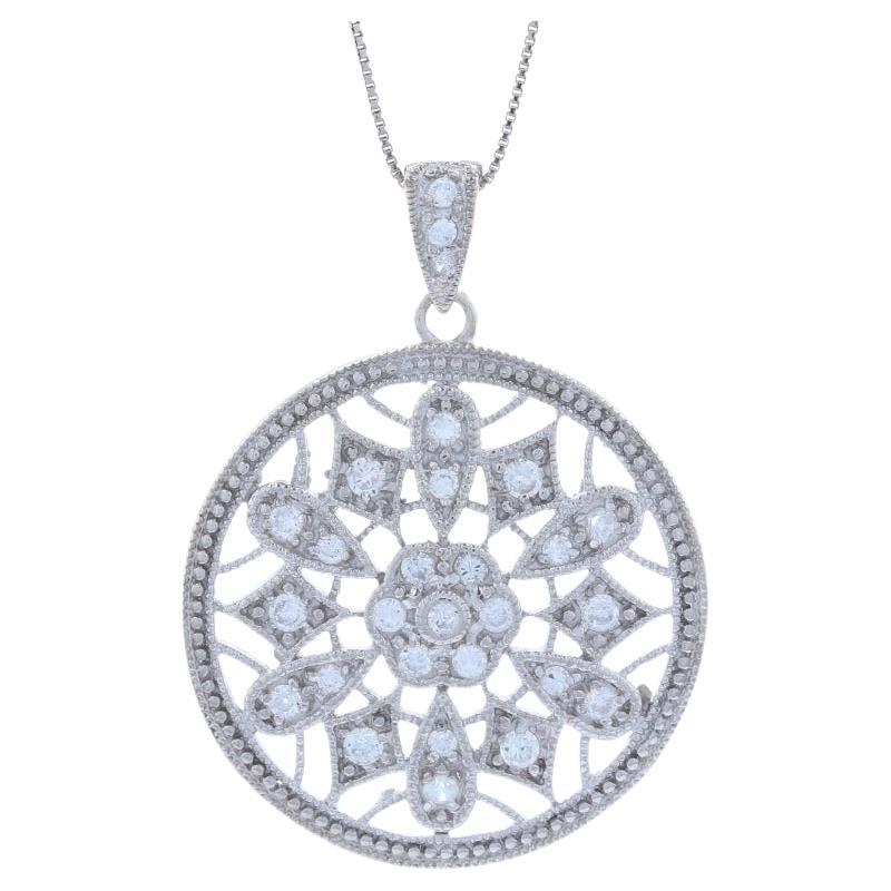 New Cubic Zirconia Flower Medallion Pendant Necklace 18" - 925 Sterling Silver For Sale