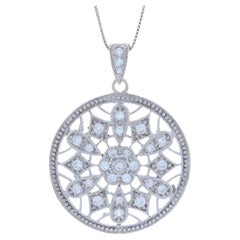 New Cubic Zirconia Flower Medallion Pendant Necklace 18" - 925 Sterling Silver