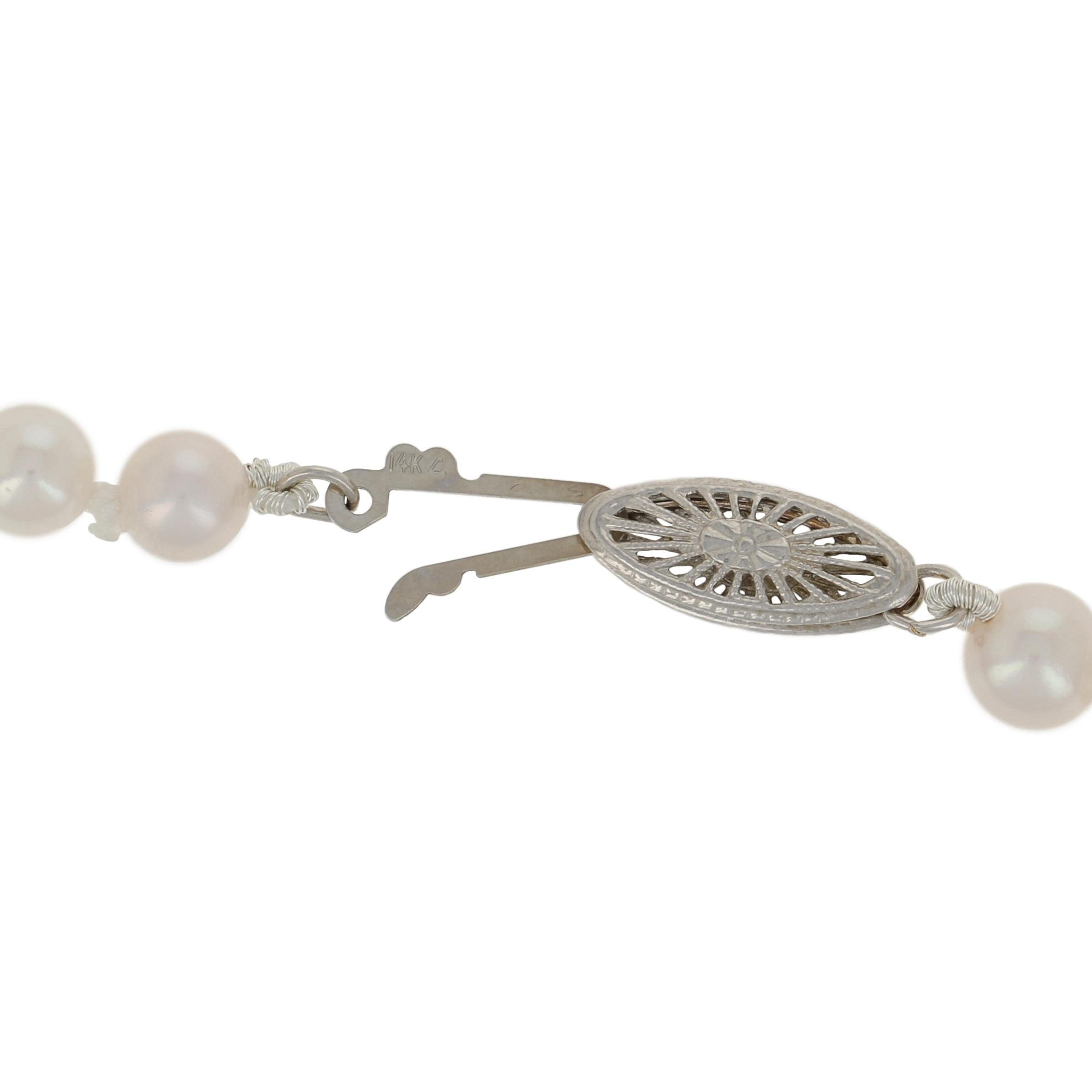 New Cultured Pearl Necklace, 14k White Gold Knotted Strand In Excellent Condition In Greensboro, NC
