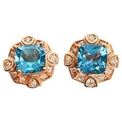 New Cushion Swiss Blue Topaz & White Cz 14K Rose Gold Plate Sterling Earrings