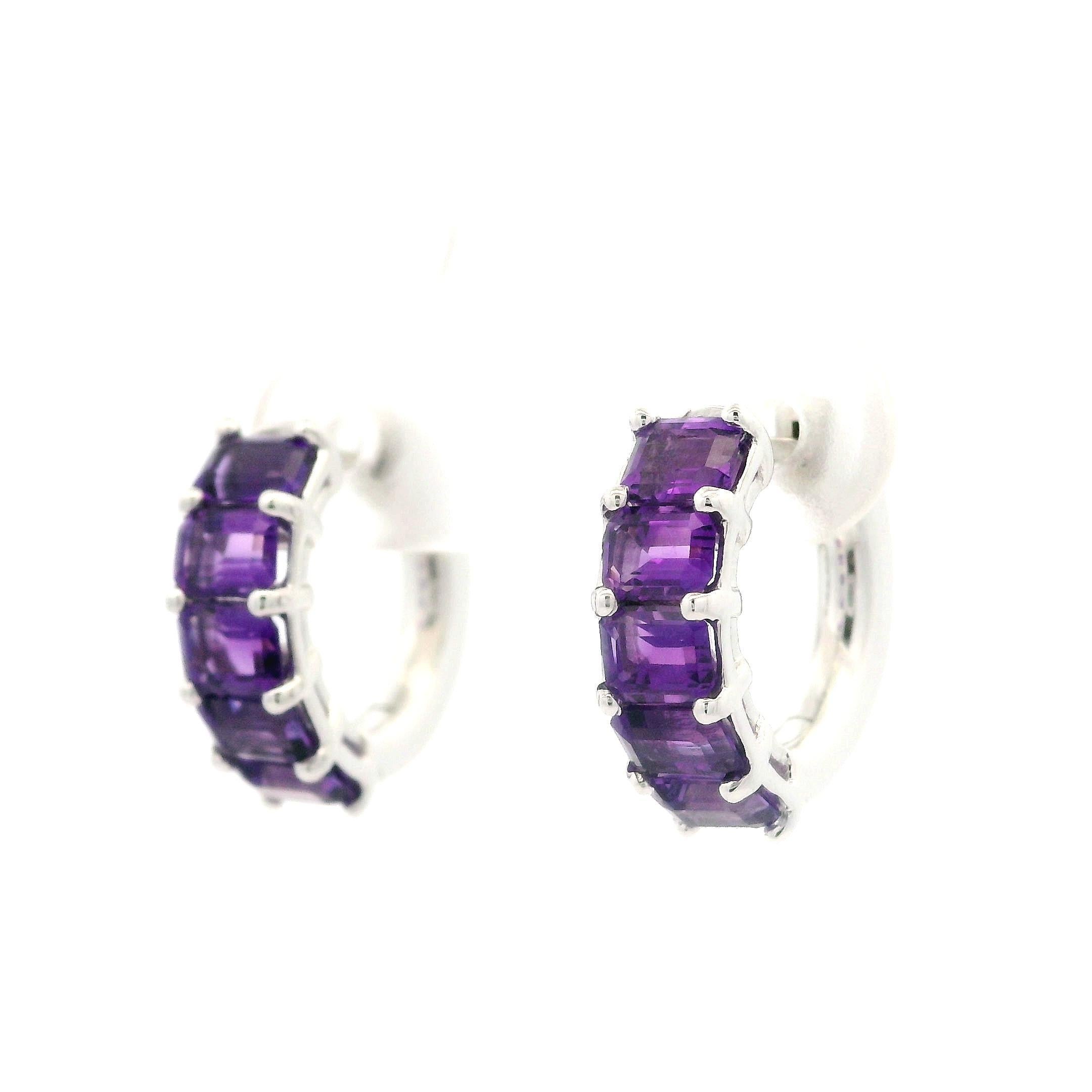 New Custom 14k White Gold 2.01ctw Emerald Cut Amethyst Huggie Hoop Earrings For Sale 6