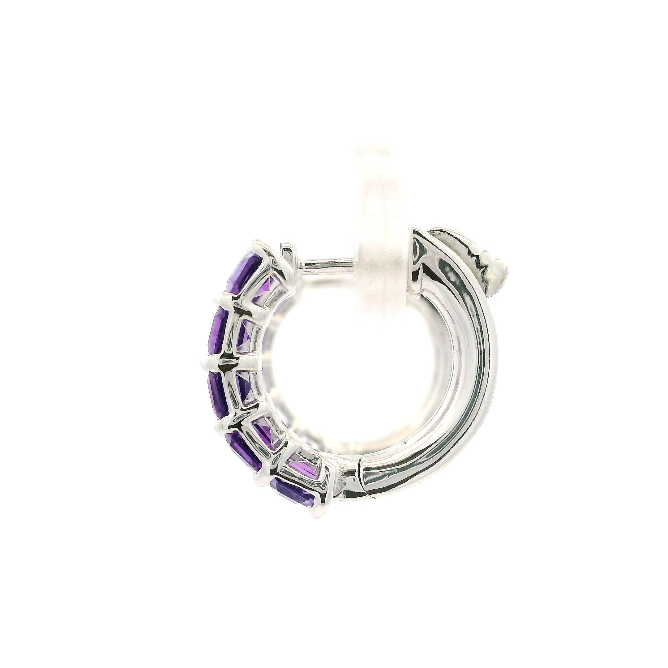 New Custom 14k White Gold 2.01ctw Emerald Cut Amethyst Huggie Hoop Earrings For Sale 7
