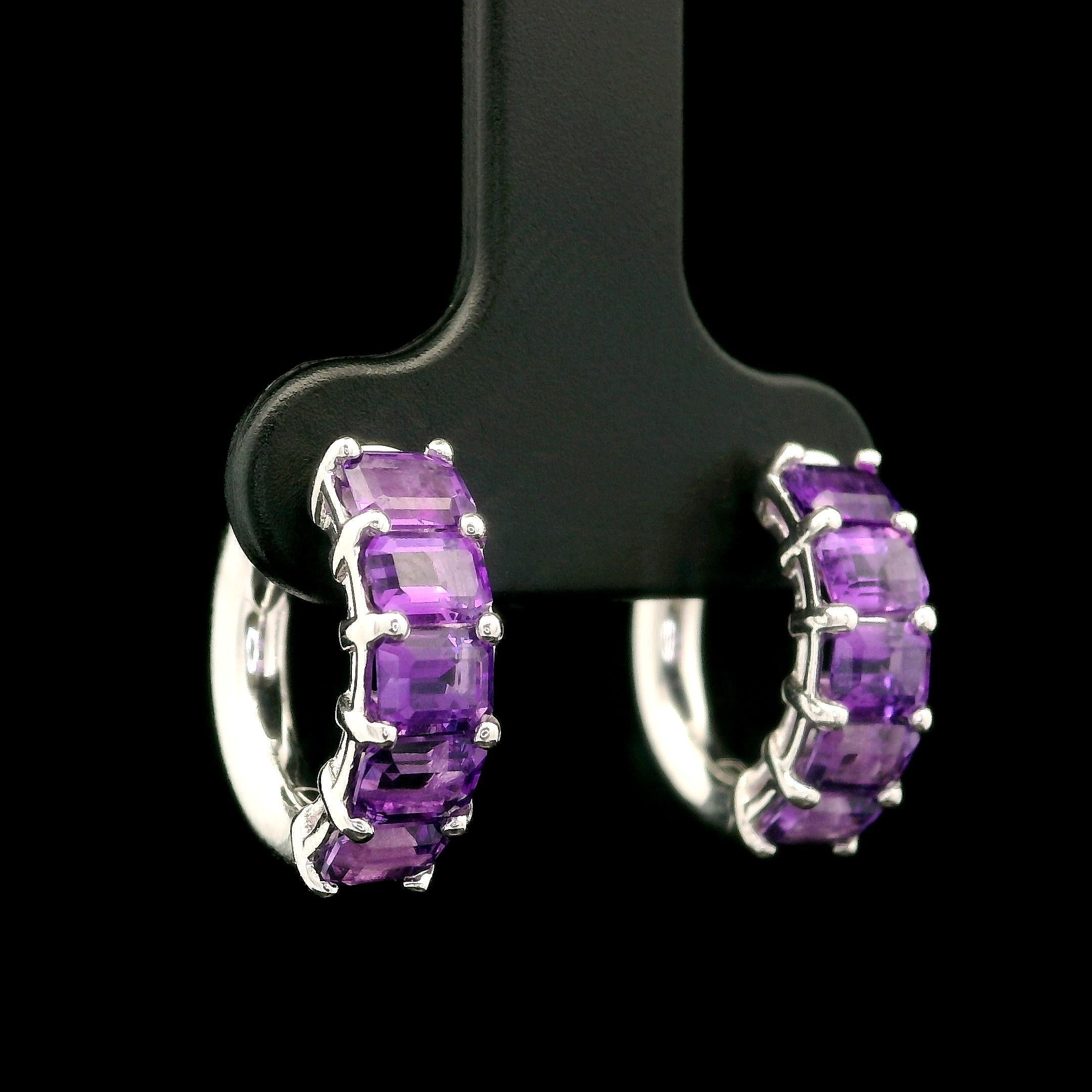 New Custom 14k White Gold 2.01ctw Emerald Cut Amethyst Huggie Hoop Earrings For Sale 8