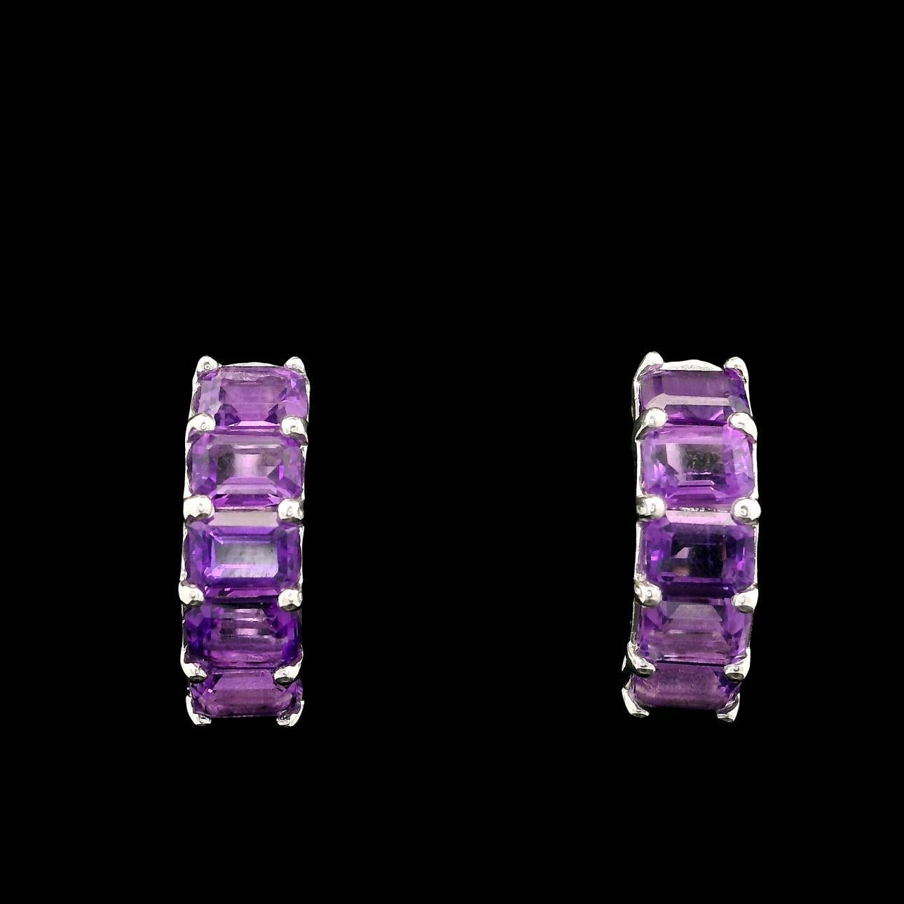 New Custom 14k White Gold 2.01ctw Emerald Cut Amethyst Huggie Hoop Earrings For Sale 2