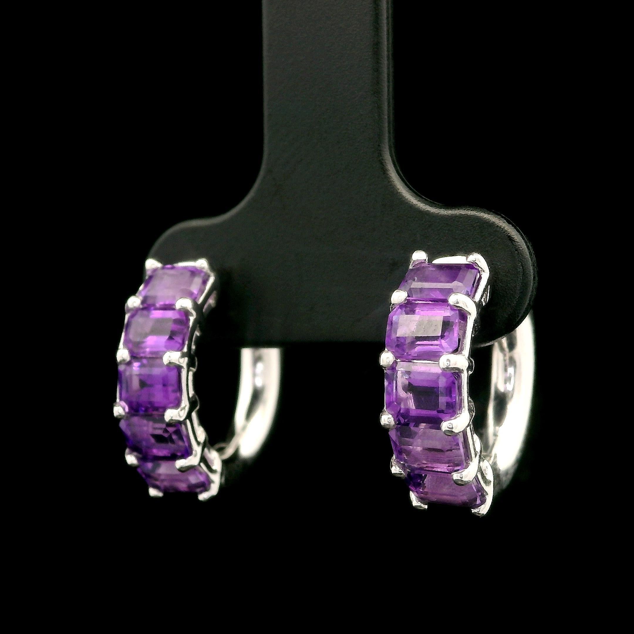 New Custom 14k White Gold 2.01ctw Emerald Cut Amethyst Huggie Hoop Earrings For Sale 3