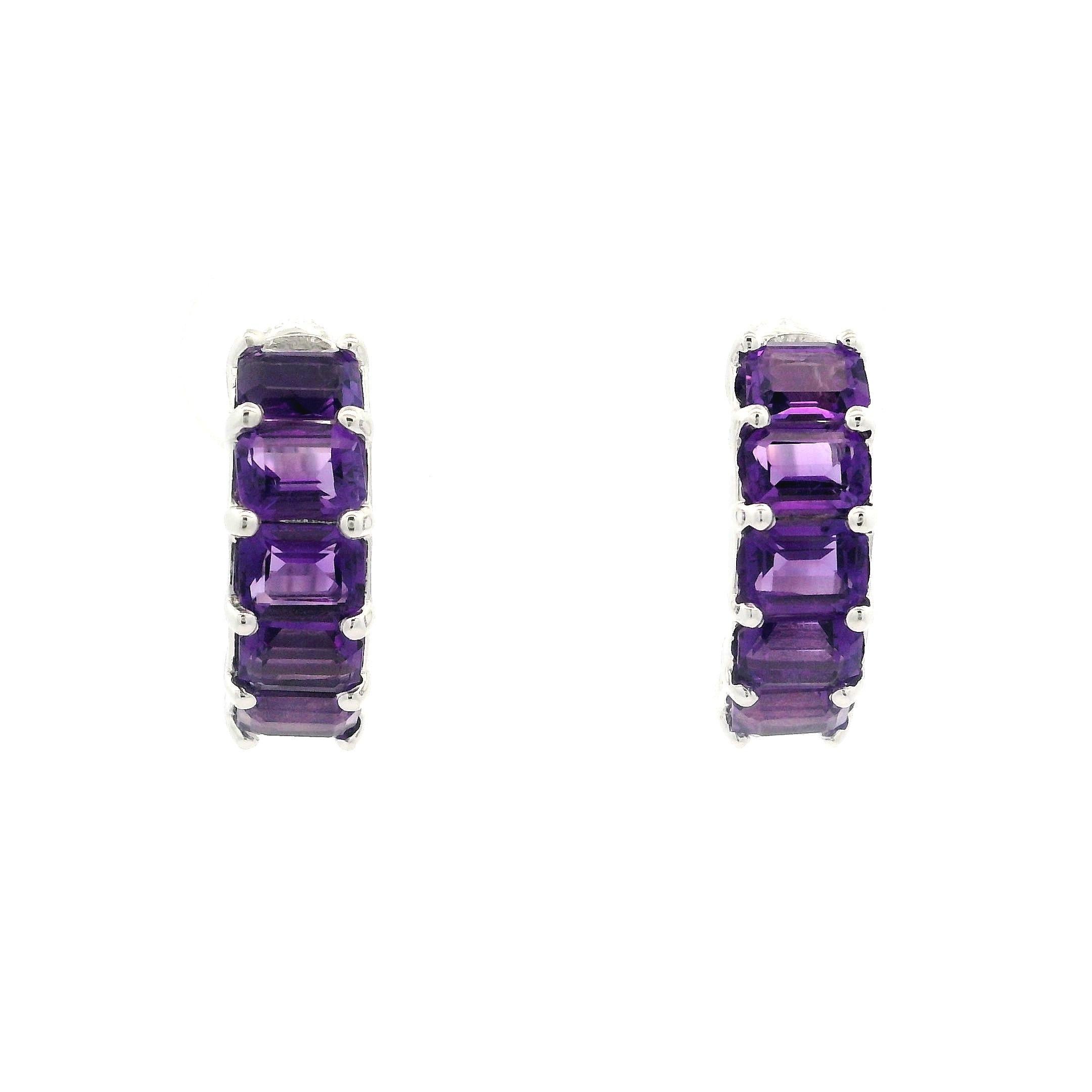 New Custom 14k White Gold 2.01ctw Emerald Cut Amethyst Huggie Hoop Earrings For Sale 4