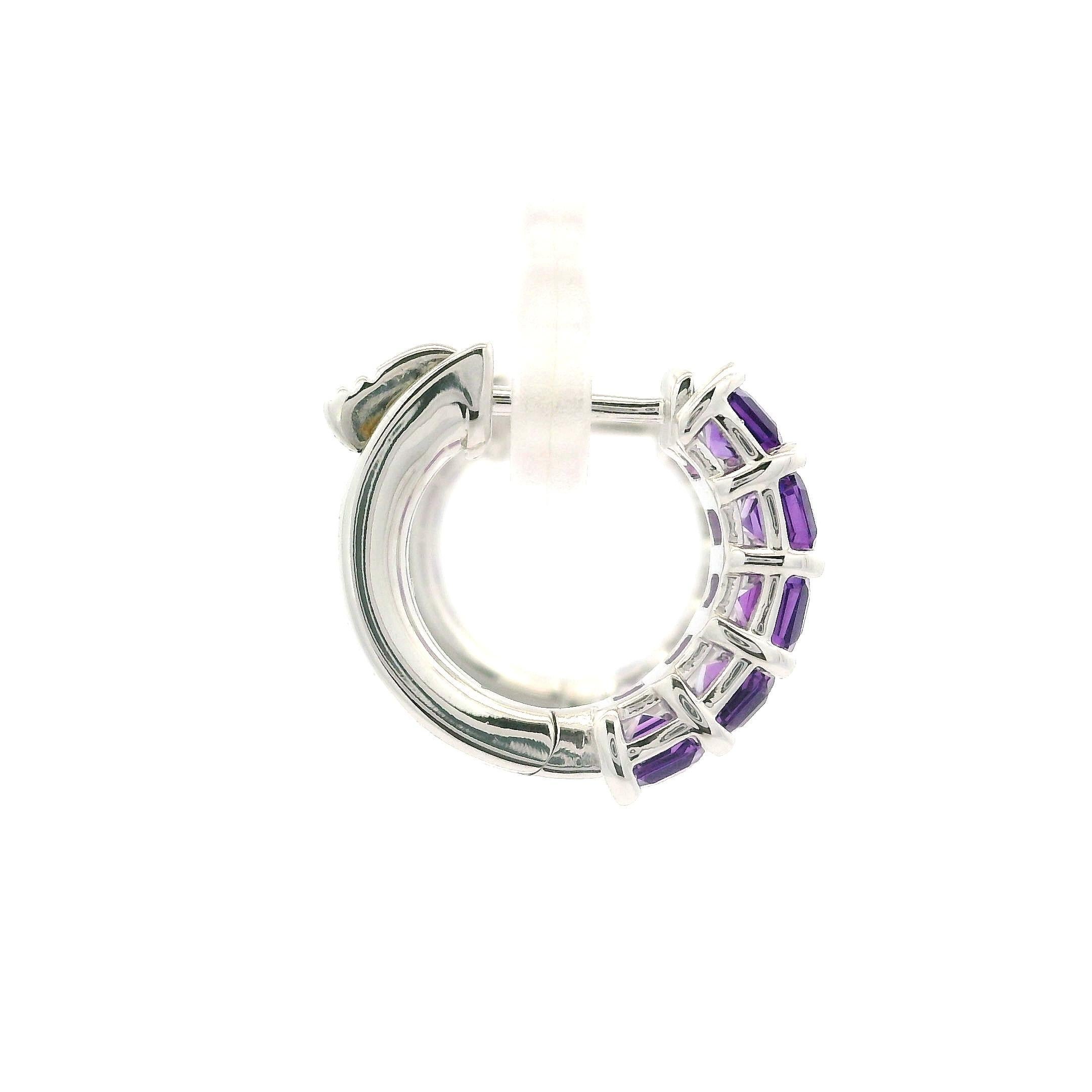 New Custom 14k White Gold 2.01ctw Emerald Cut Amethyst Huggie Hoop Earrings For Sale 5