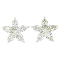 New Custom 14k White Gold 2ct Marquise Diamond Flower Star Cluster Stud Earrings