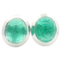 Nuevo Pendientes de oro blanco de 14 quilates con esmeralda en cabujón oval de 3,12 quilates