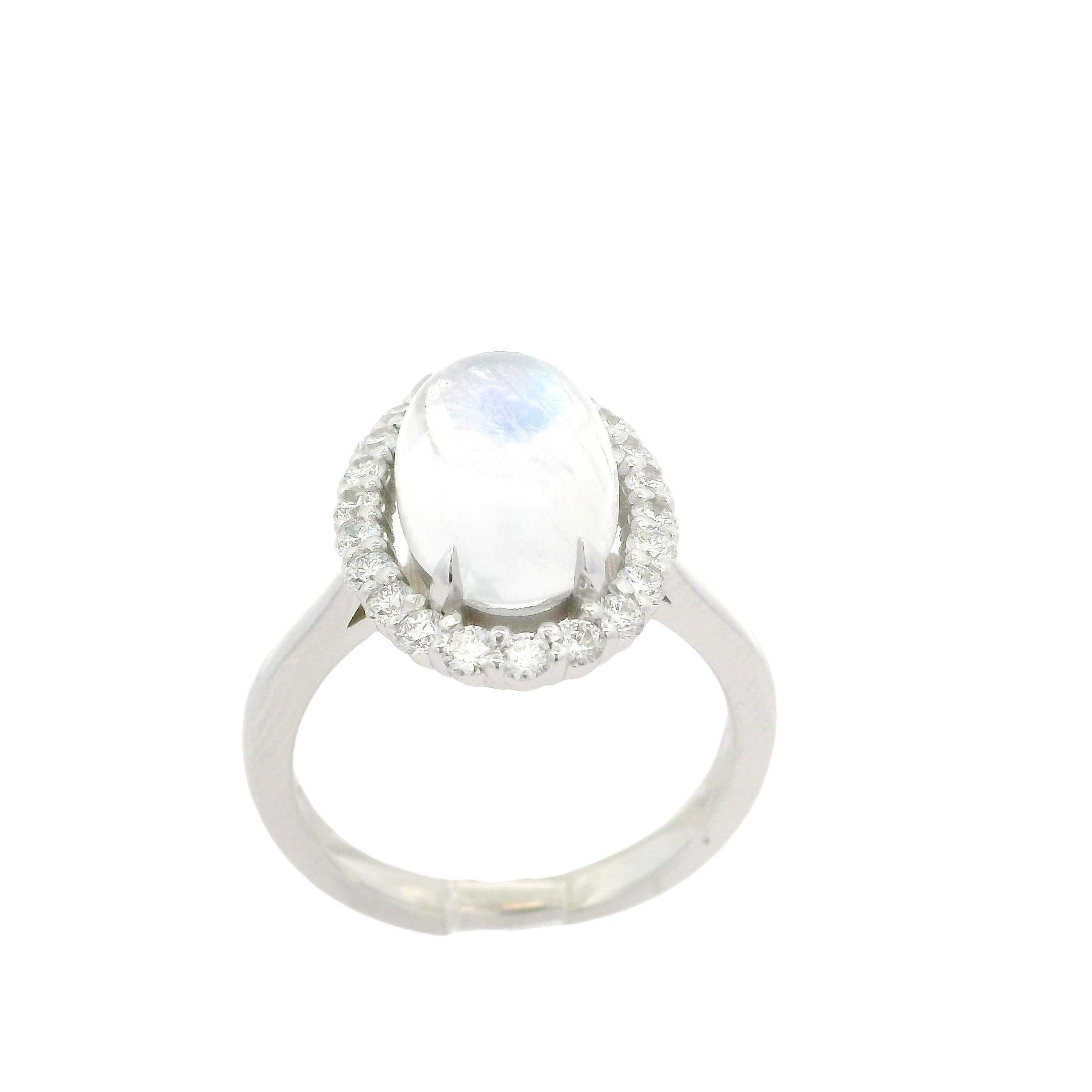 New Custom 14k White Gold 4.31ctw Elongated Oval Moonstone & Diamond Halo Ring For Sale 5