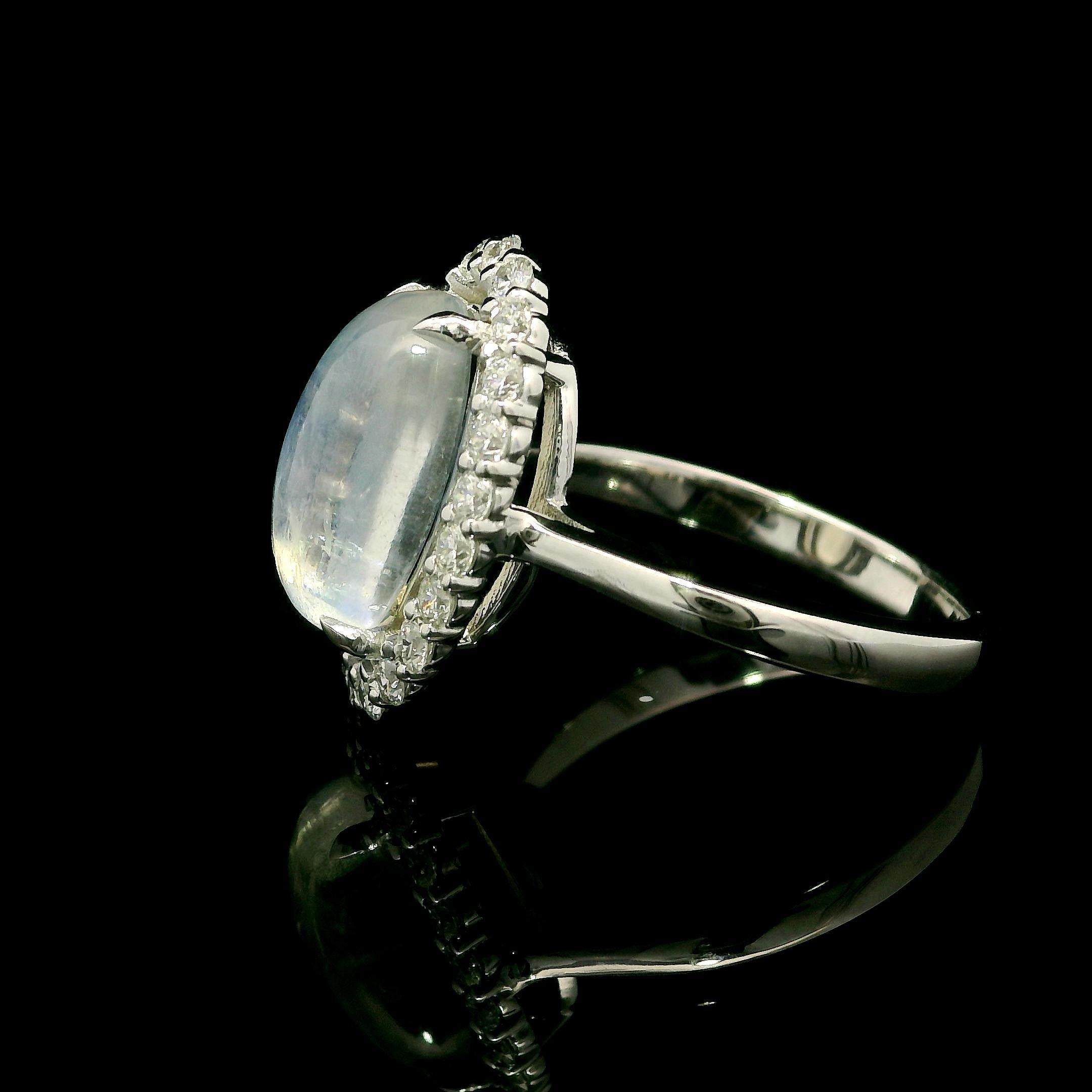 New Custom 14k White Gold 4.31ctw Elongated Oval Moonstone & Diamond Halo Ring For Sale 6