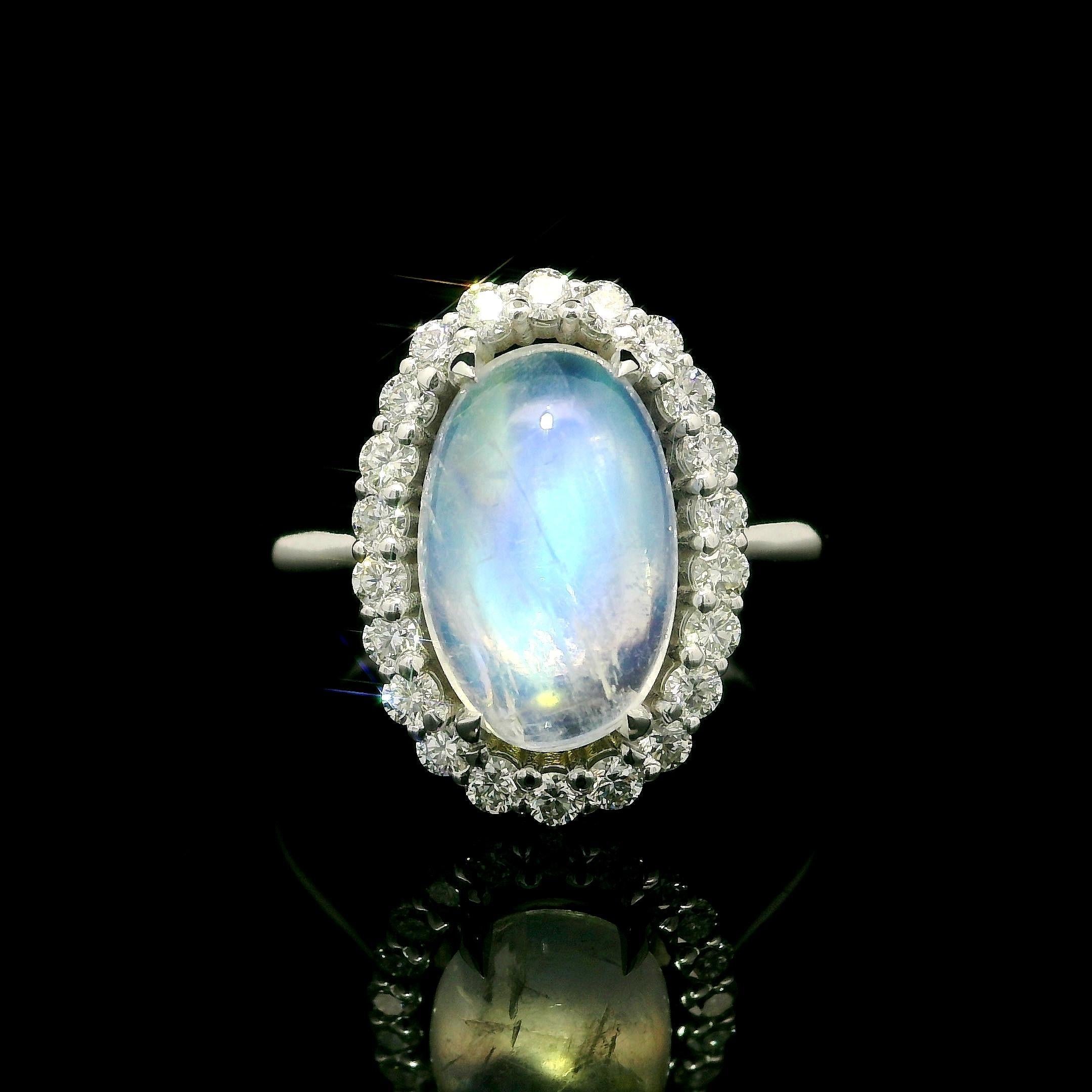 New Custom 14k White Gold 4.31ctw Elongated Oval Moonstone & Diamond Halo Ring For Sale 7