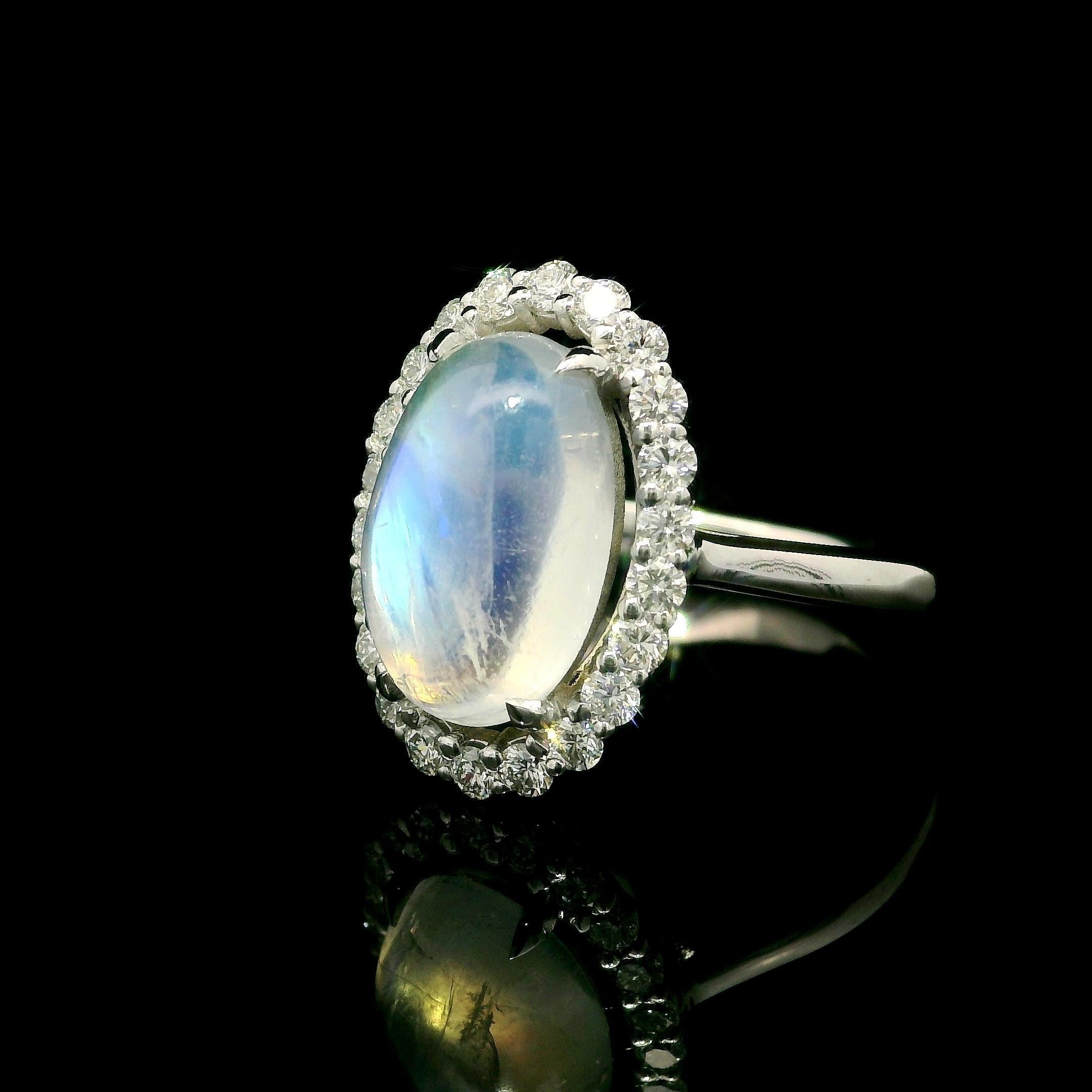 New Custom 14k White Gold 4.31ctw Elongated Oval Moonstone & Diamond Halo Ring For Sale 8