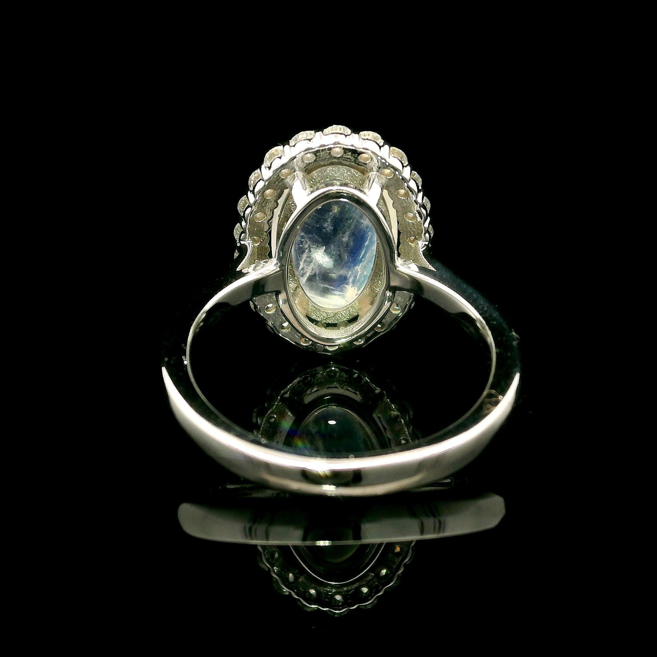 Cabochon New Custom 14k White Gold 4.31ctw Elongated Oval Moonstone & Diamond Halo Ring For Sale
