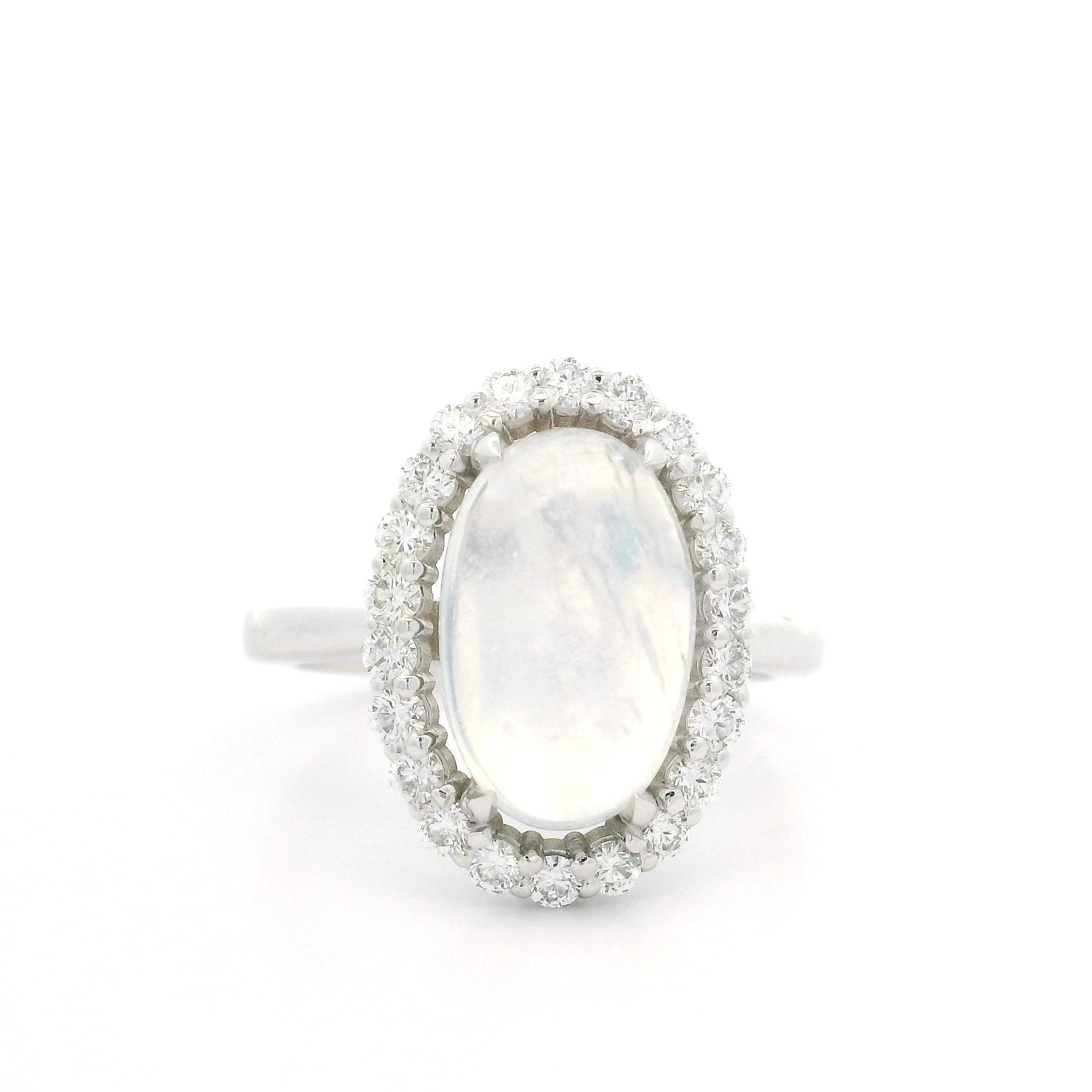 New Custom 14k White Gold 4.31ctw Elongated Oval Moonstone & Diamond Halo Ring In New Condition For Sale In Montclair, NJ