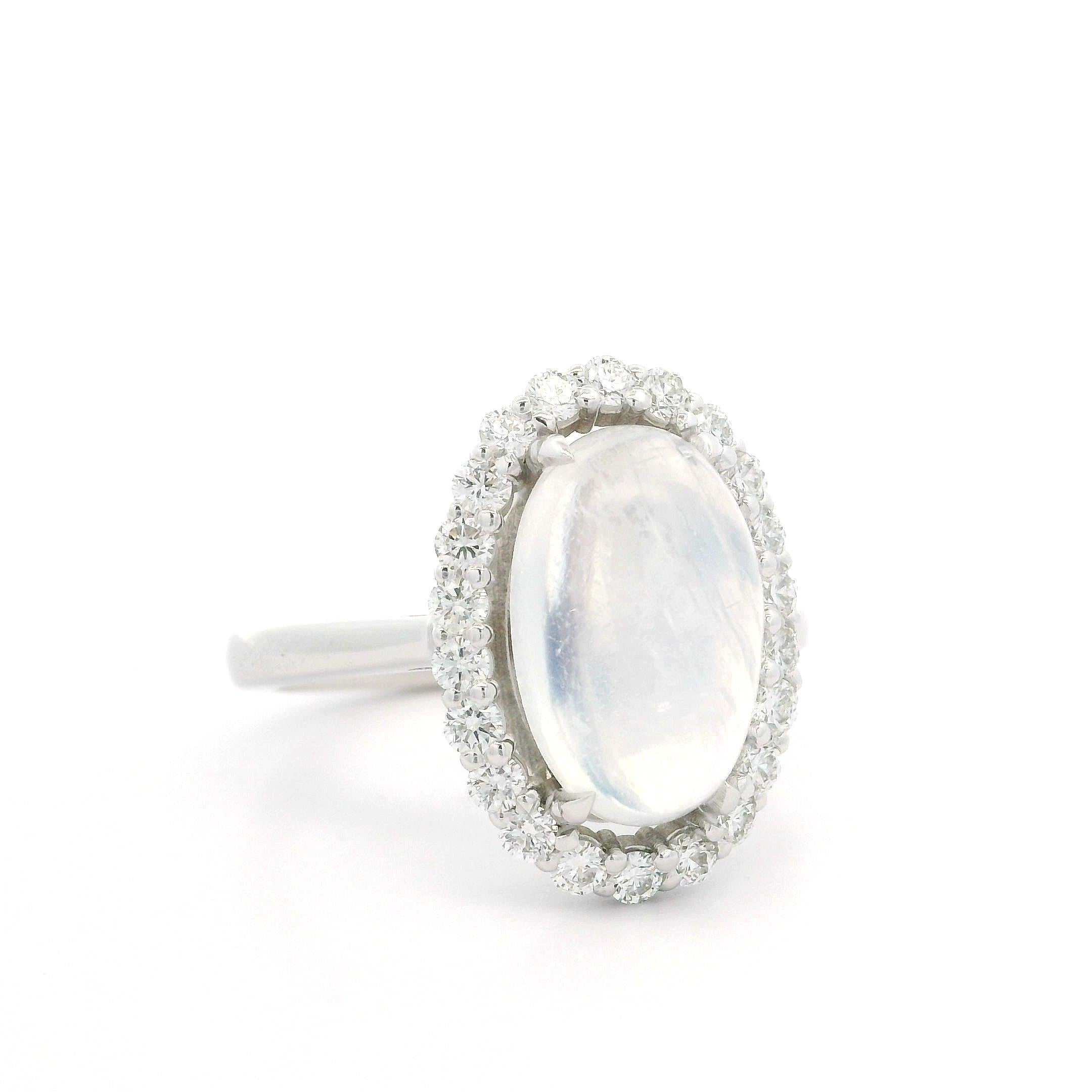 Women's New Custom 14k White Gold 4.31ctw Elongated Oval Moonstone & Diamond Halo Ring For Sale