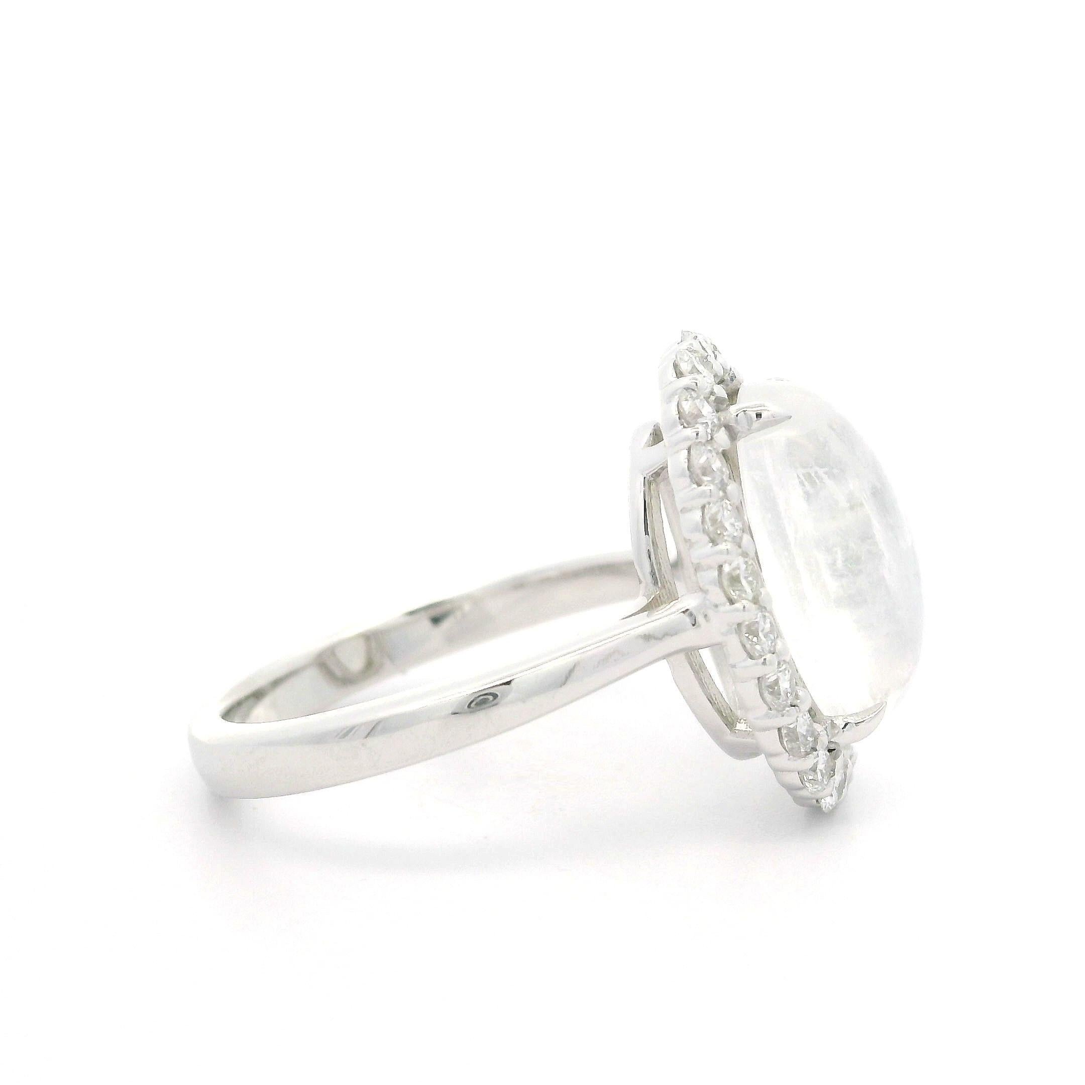 New Custom 14k White Gold 4.31ctw Elongated Oval Moonstone & Diamond Halo Ring For Sale 1
