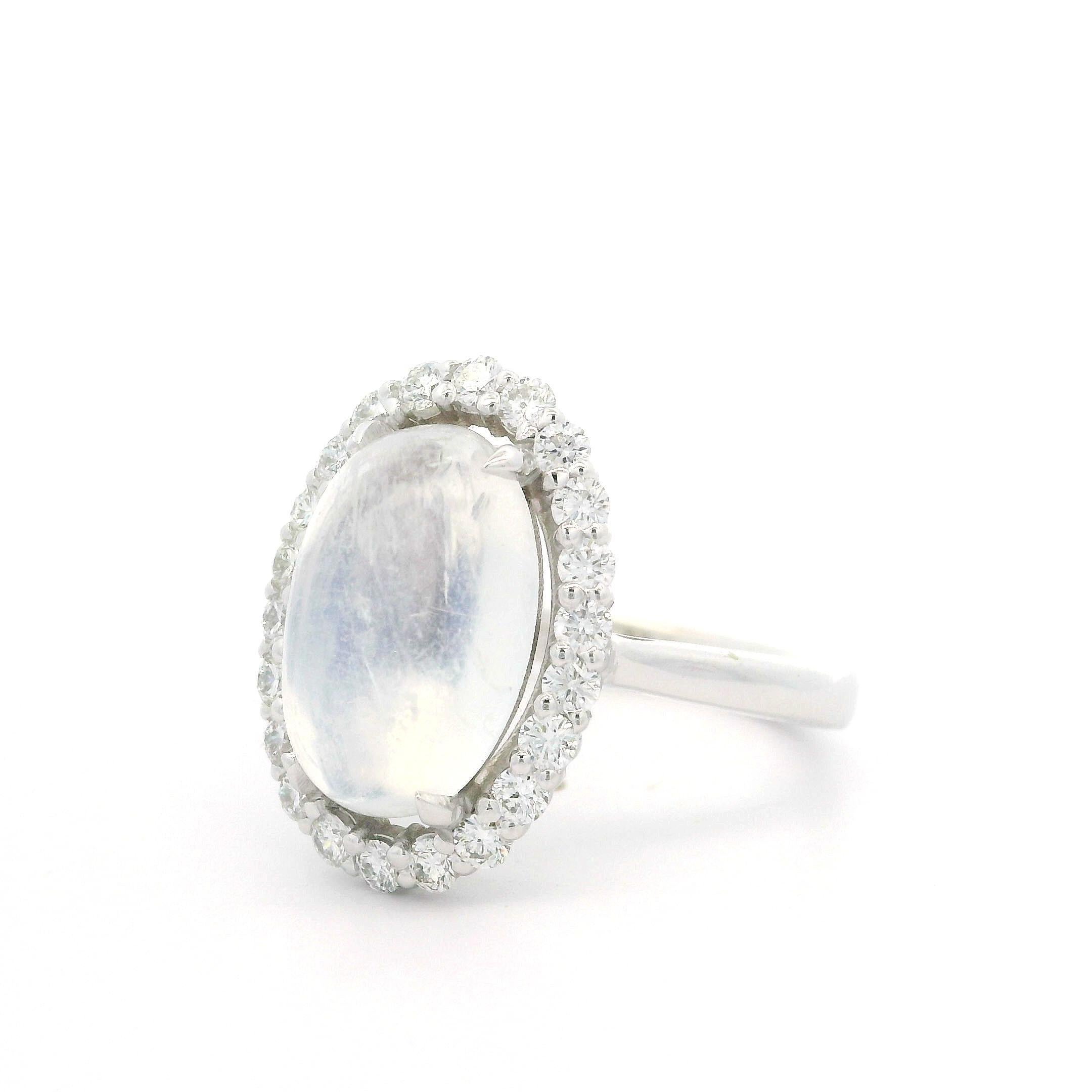 New Custom 14k White Gold 4.31ctw Elongated Oval Moonstone & Diamond Halo Ring For Sale 2