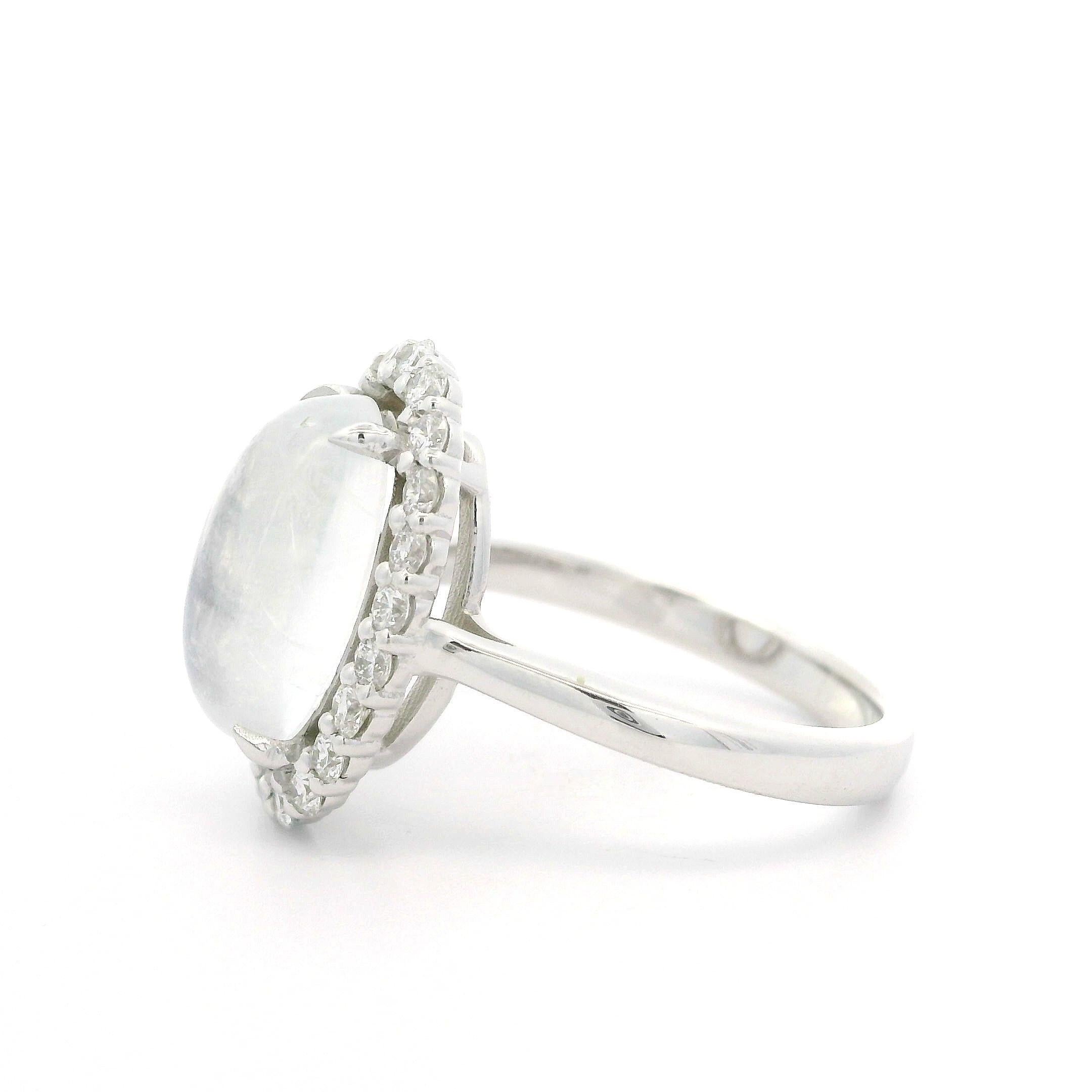 New Custom 14k White Gold 4.31ctw Elongated Oval Moonstone & Diamond Halo Ring For Sale 3