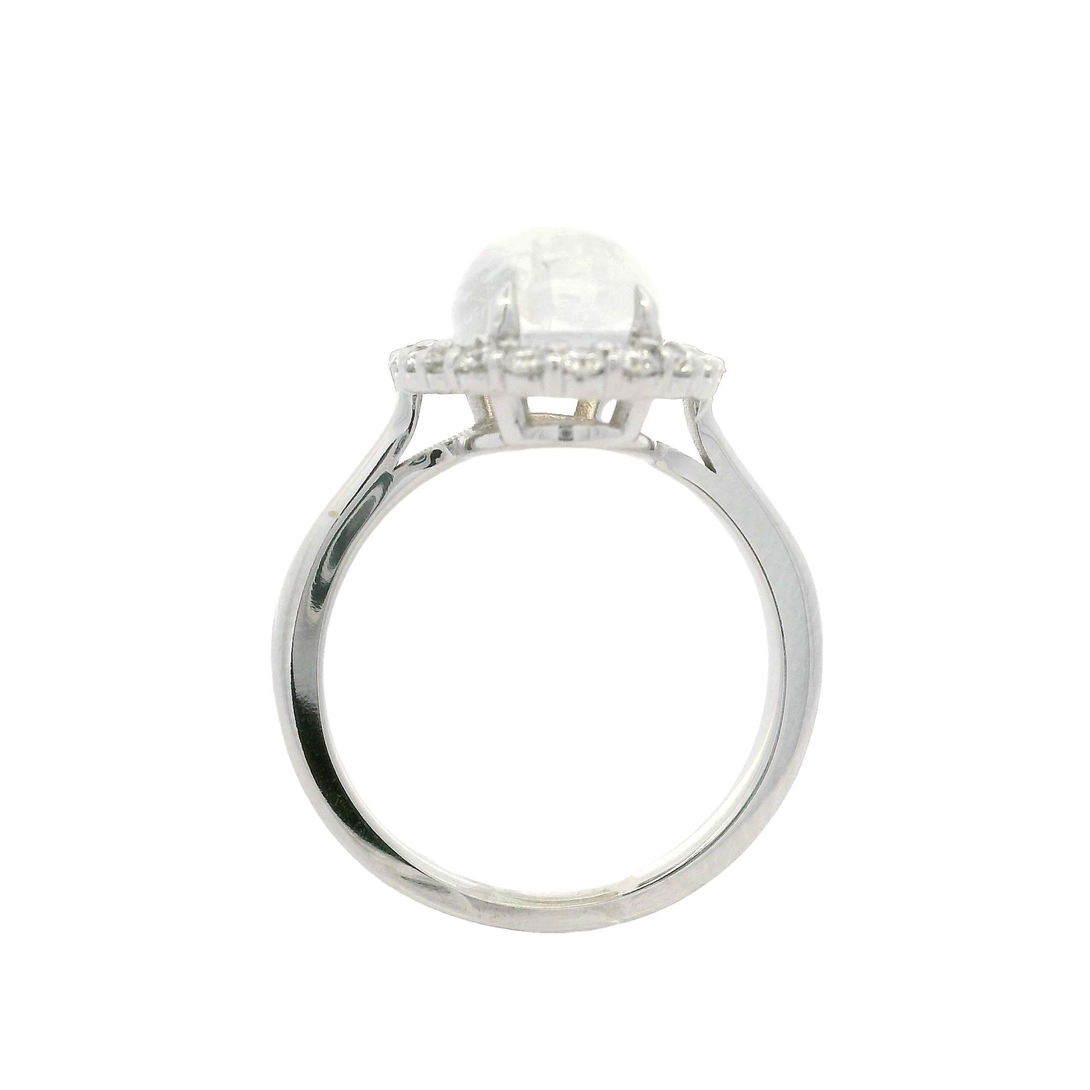 New Custom 14k White Gold 4.31ctw Elongated Oval Moonstone & Diamond Halo Ring For Sale 4