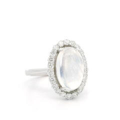 Neuer maßgefertigter 14k Weißgold 4,31ctw länglicher ovaler Mondstein & Diamant Halo-Ring