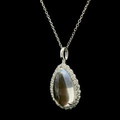 New Custom 14k White Gold Blue Moonstone Diamond Teardrop Pendant Necklace