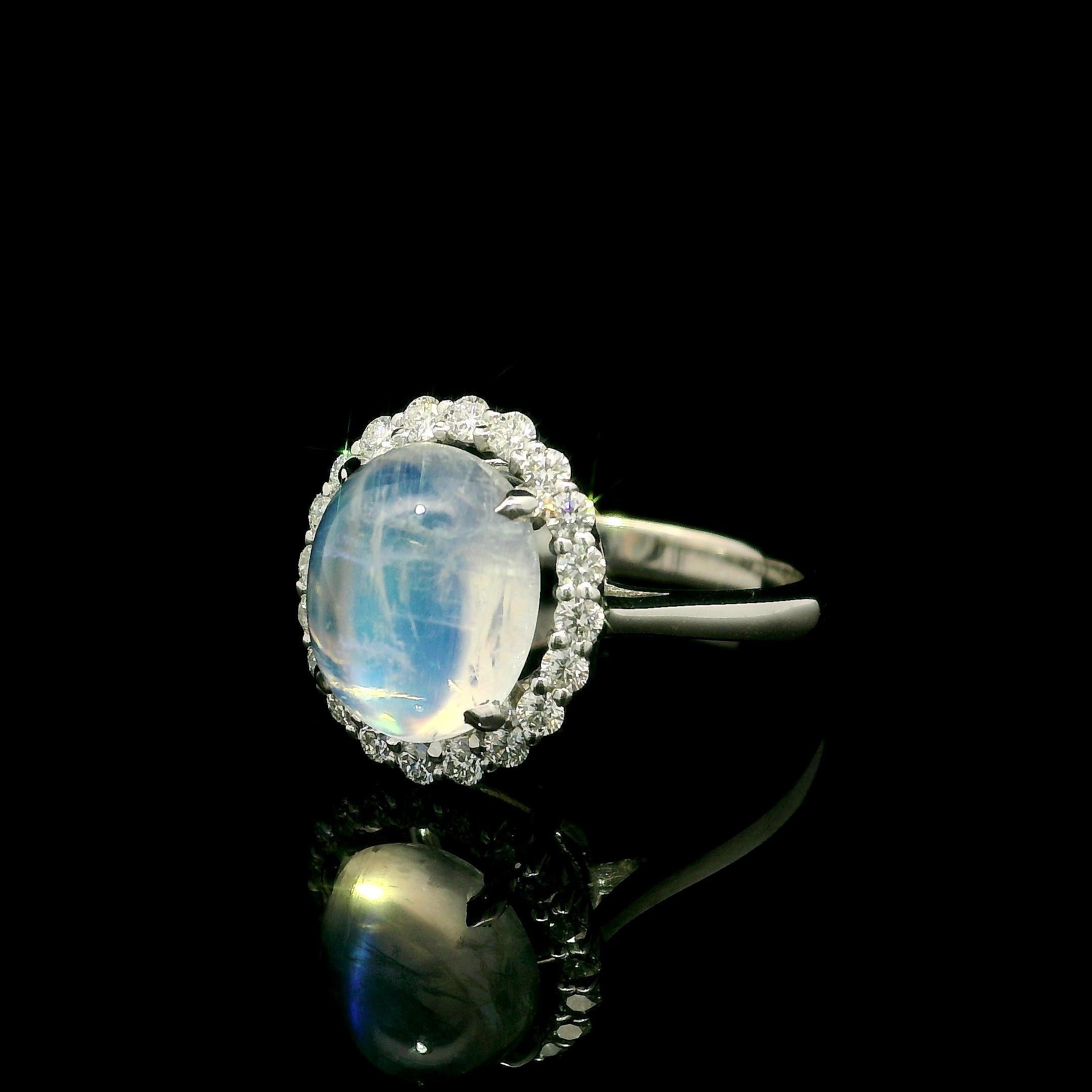 New Custom 14k White Gold High Quality 4.41ctw Moonstone Diamond Halo Ring in vendita 6