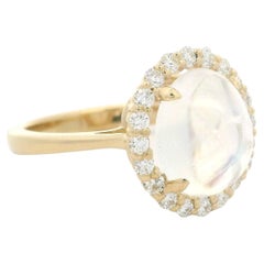 New Custom 14k Yellow Gold High Quality Moonstone Diamond Halo Classic Ring