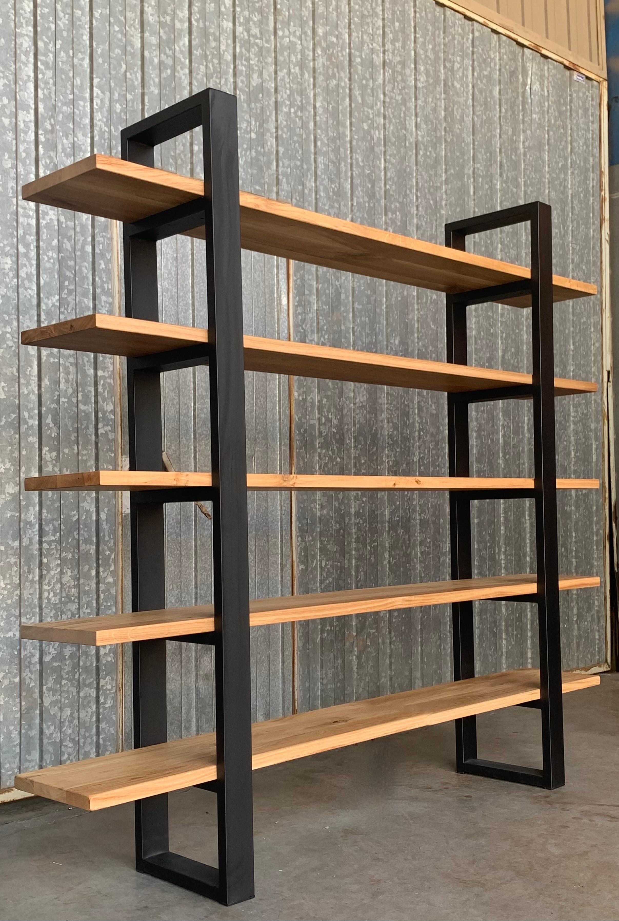 Hand-Crafted New Custom Etagere with Three Oak Shelves and Iron Structure