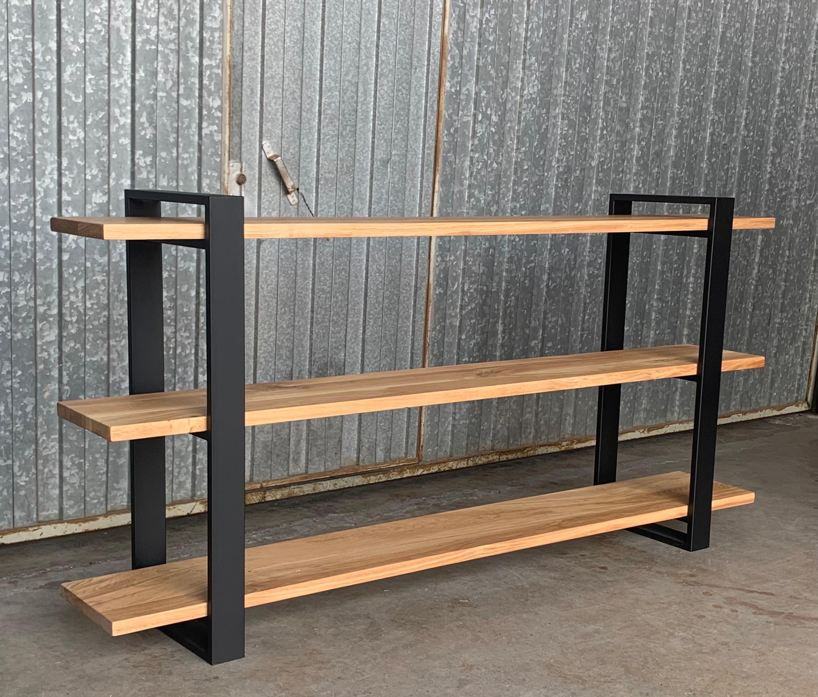 Industrial New Custom Etagere with Three Oak Shelves and Iron Structure For Sale